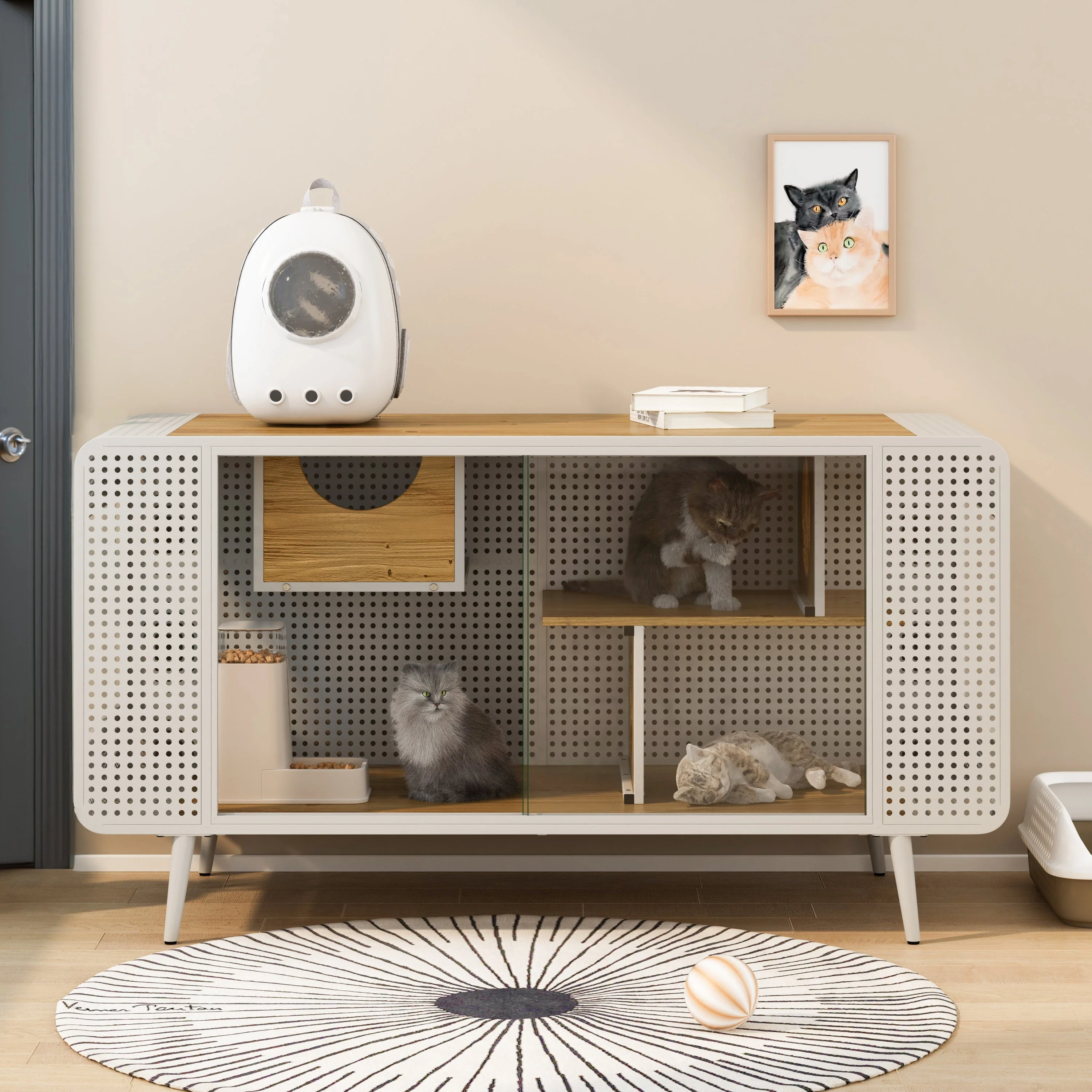 55.12' Spacious Cat House with Tempered Glass (White)