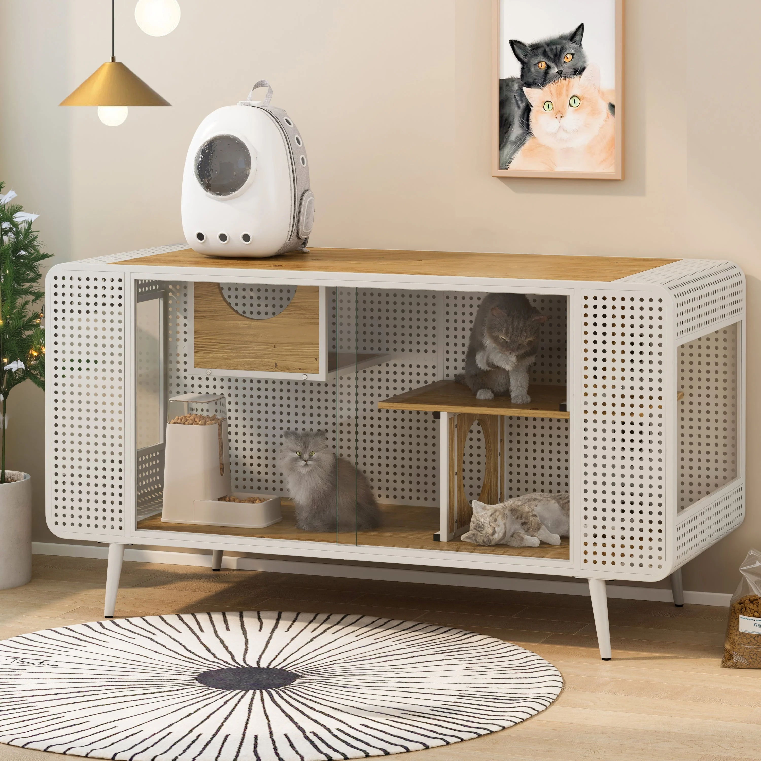 55.12' Spacious Cat House with Tempered Glass (White) - Image 2