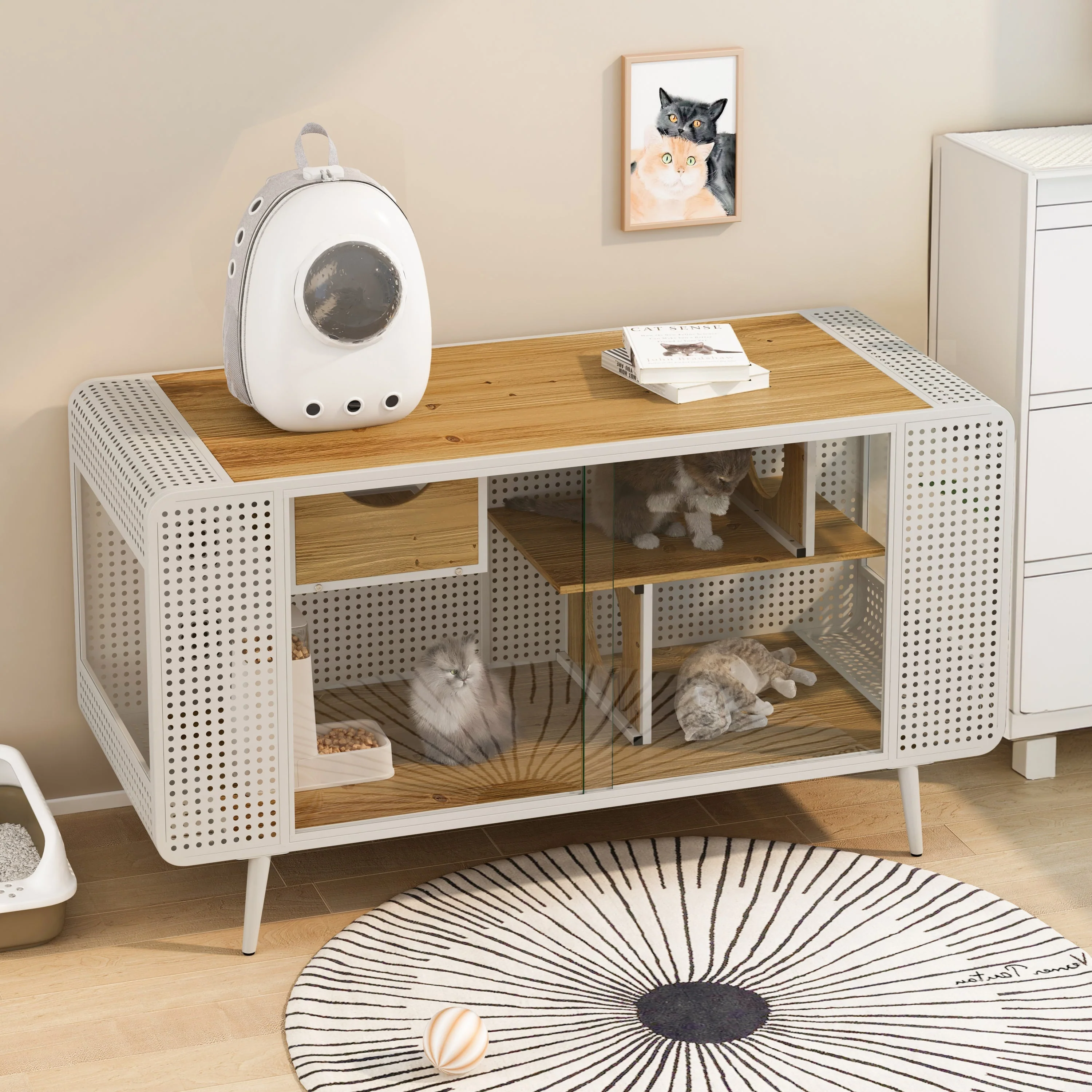 55.12' Spacious Cat House with Tempered Glass (White) - Image 3
