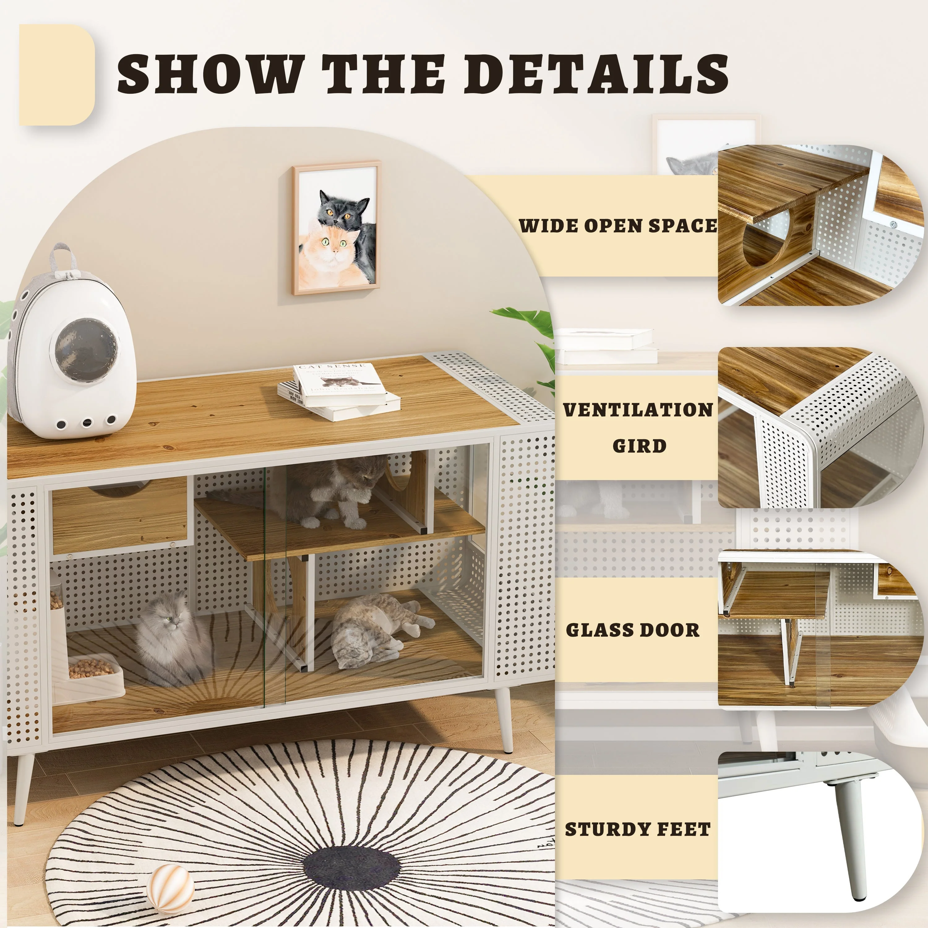 55.12' Spacious Cat House with Tempered Glass (White) - Image 4
