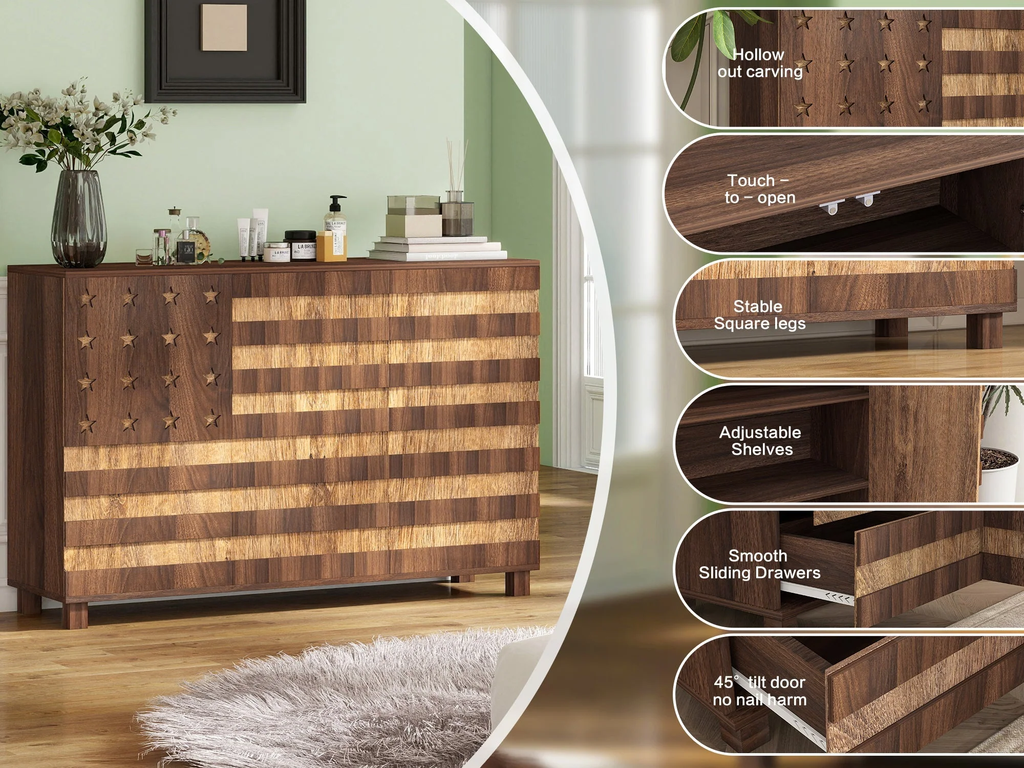 55-Inch Walnut Buffet Sideboard Cabinet with Storage - Image 11