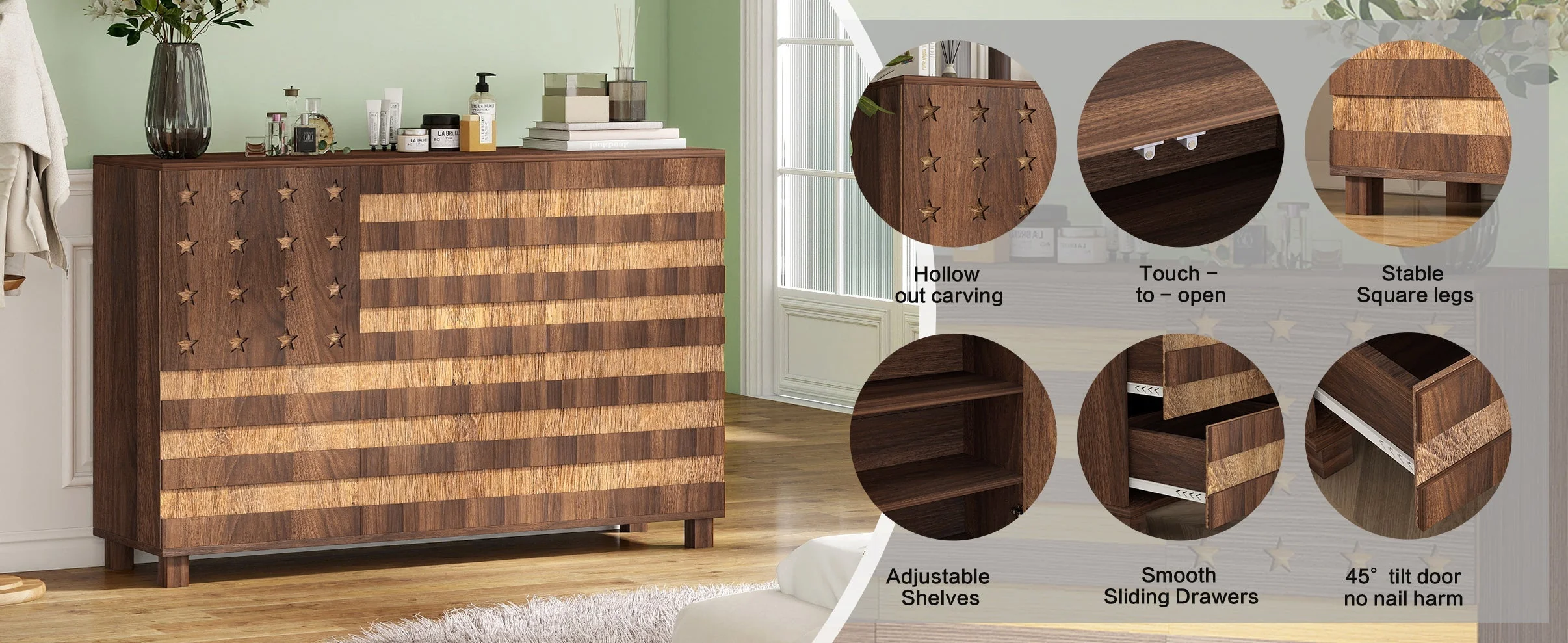 55-Inch Walnut Buffet Sideboard Cabinet with Storage - Image 14