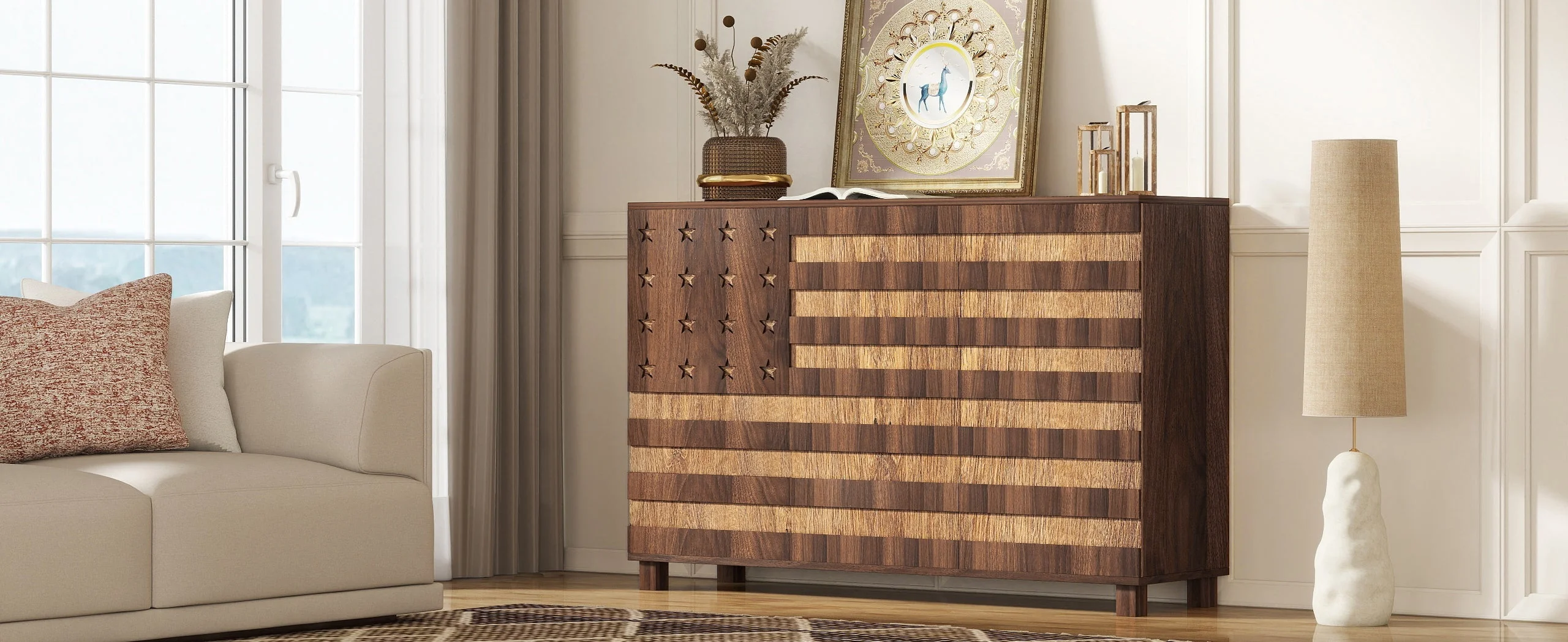 55-Inch Walnut Buffet Sideboard Cabinet with Storage - Image 15