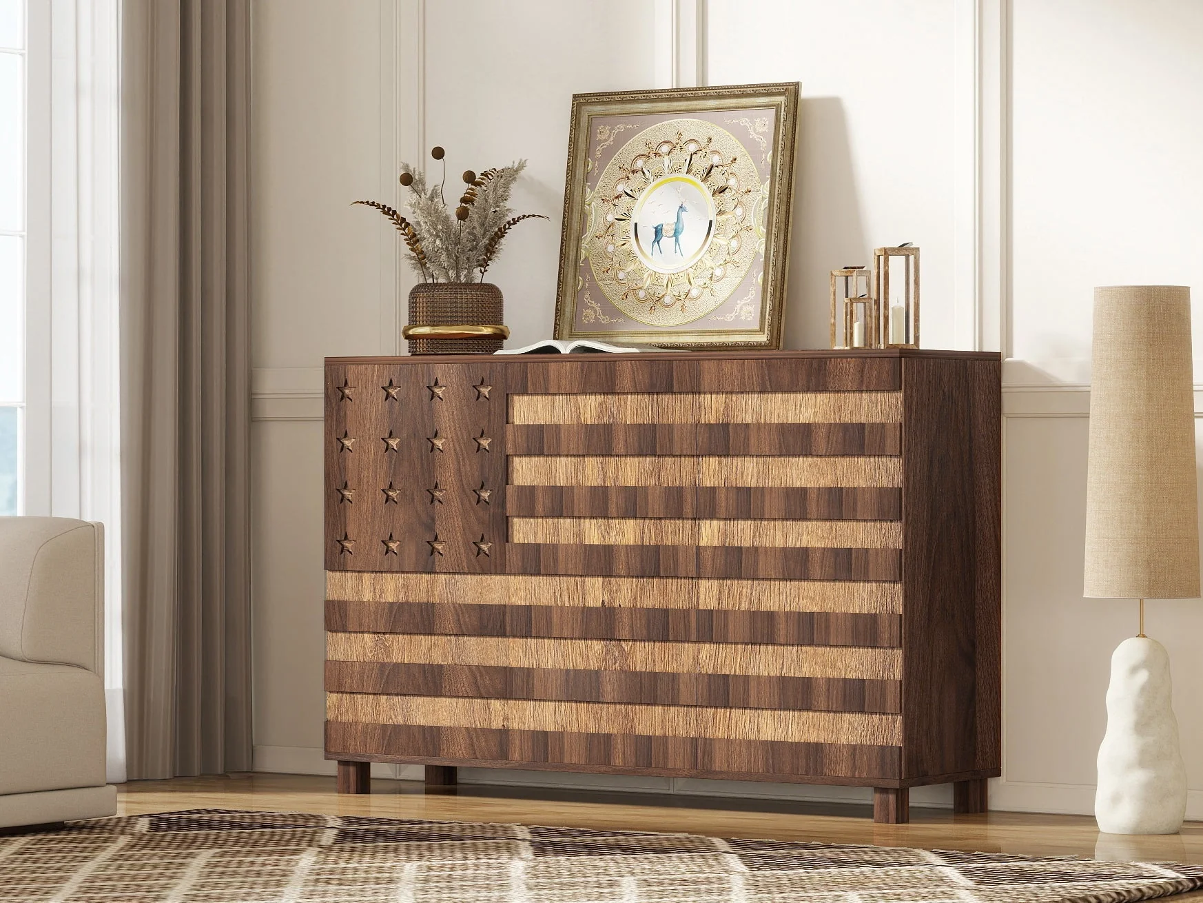 55-Inch Walnut Buffet Sideboard Cabinet with Storage - Image 3