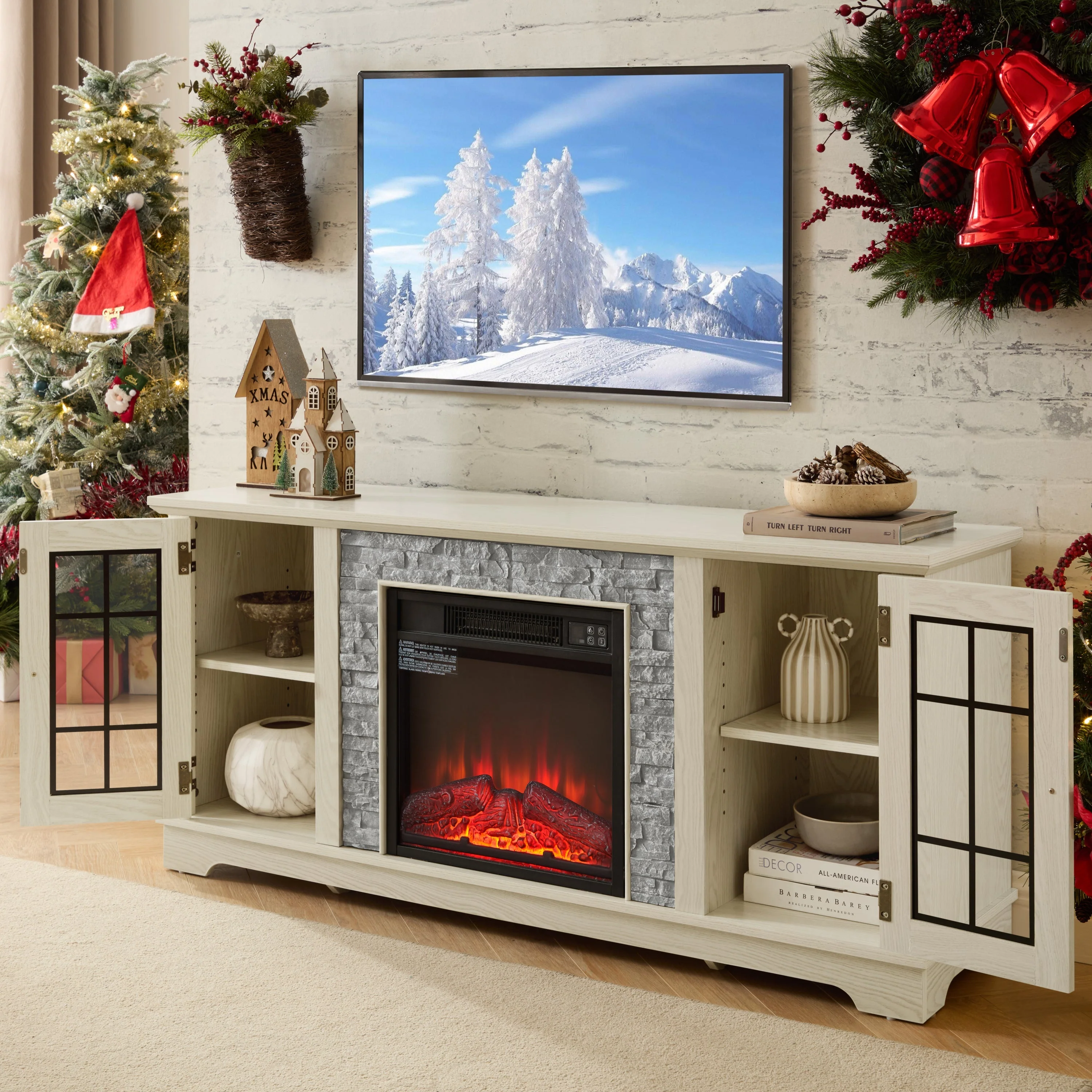 58" Modern TV Stand with Electric Fireplace and Storage - Image 3