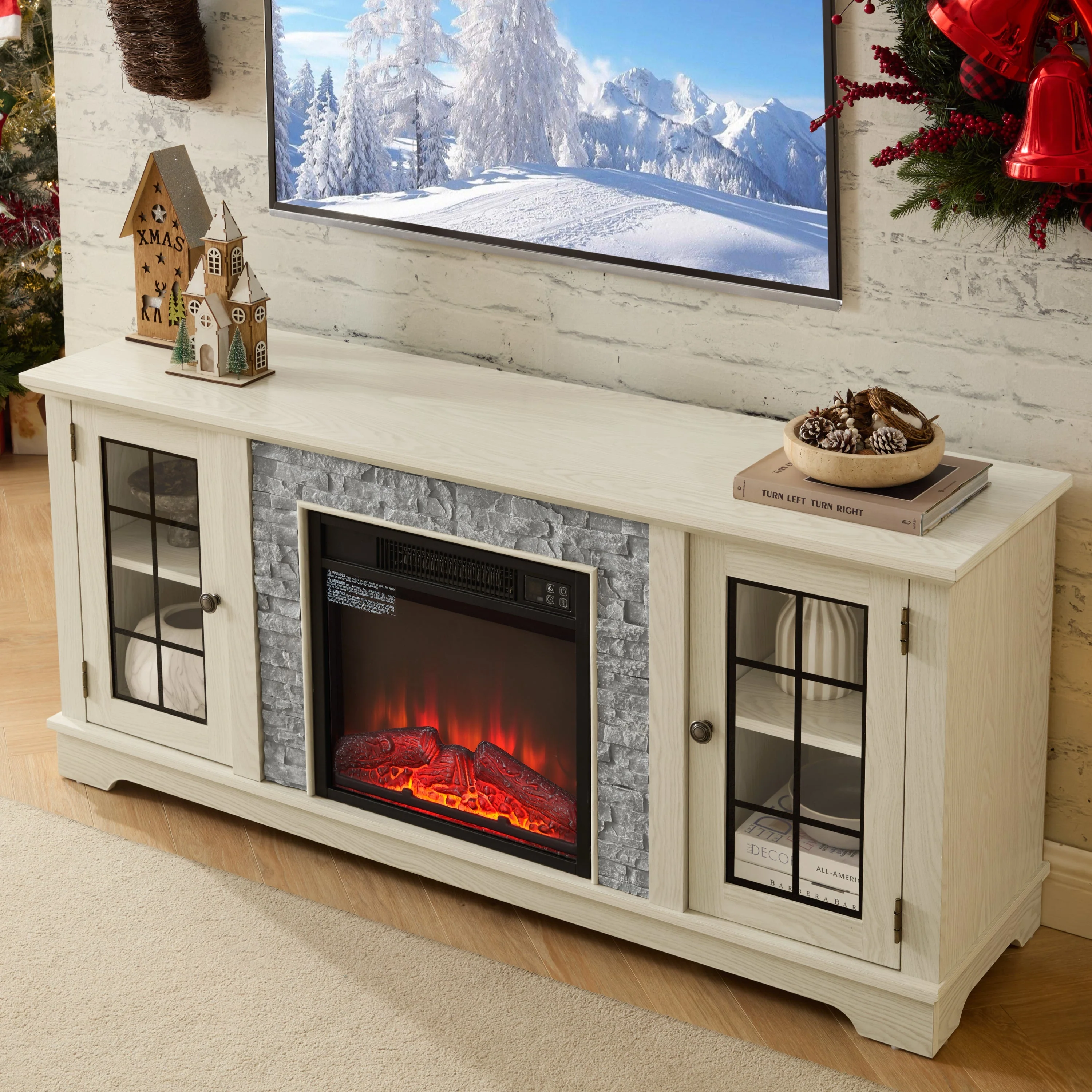 58" Modern TV Stand with Electric Fireplace and Storage - Image 4