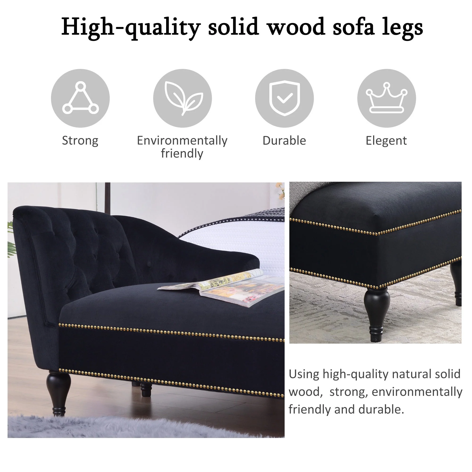 58" Velvet Chaise Lounge with Nailhead Trim and Solid Wood Legs - Image 10