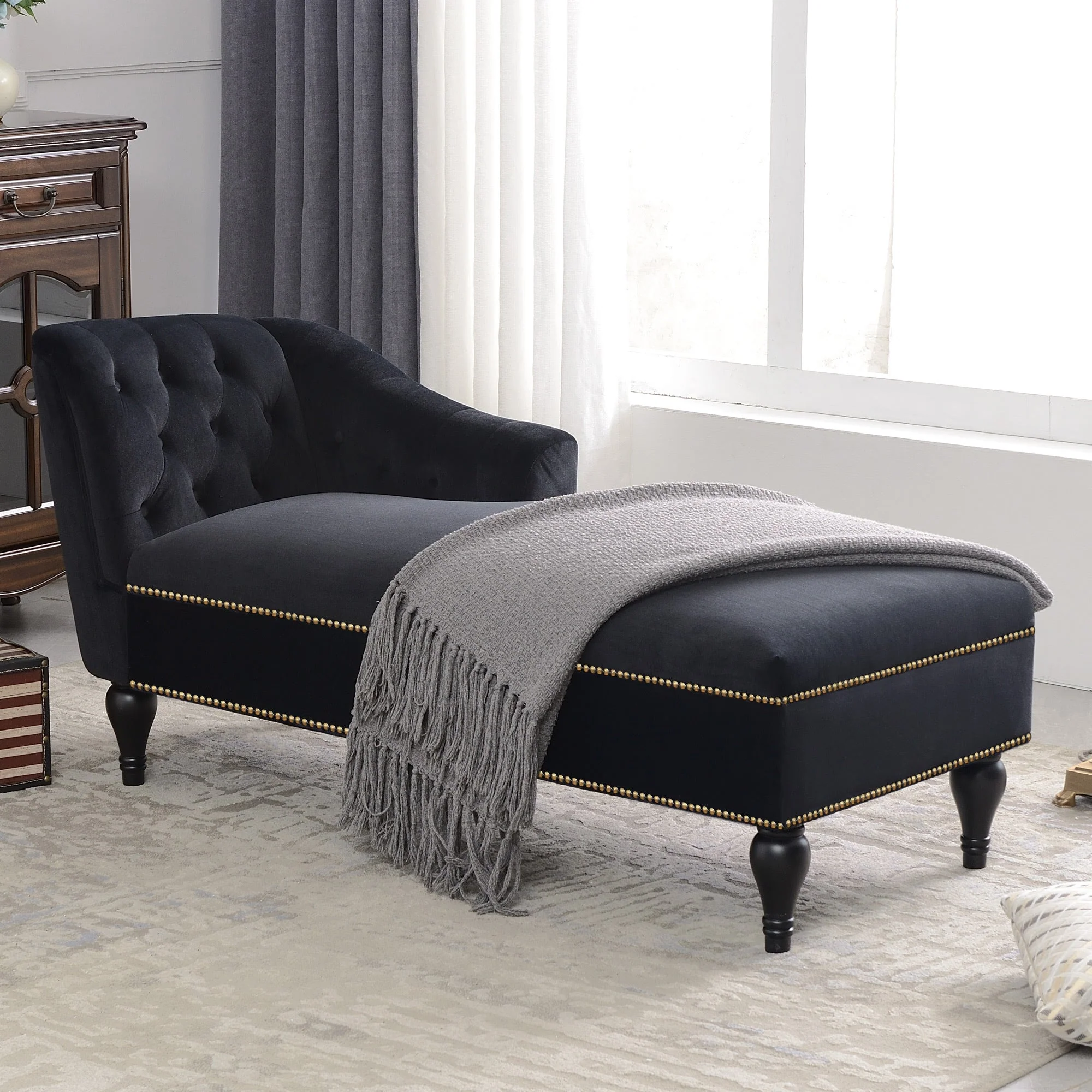 58" Velvet Chaise Lounge with Nailhead Trim and Solid Wood Legs - Image 2