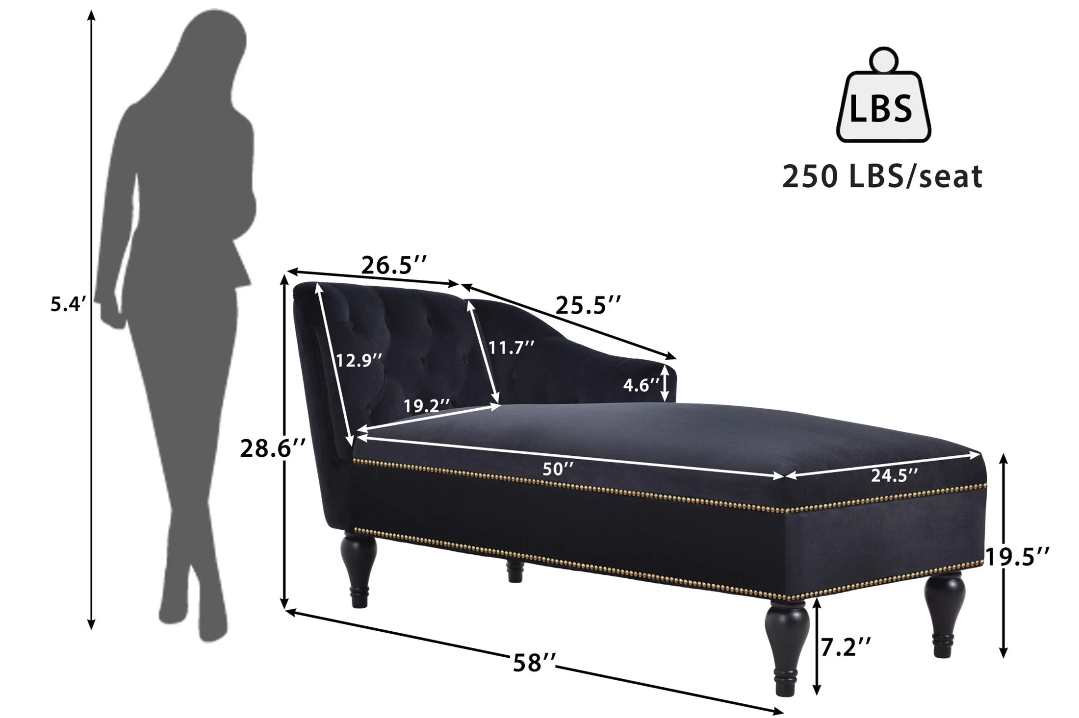 58" Velvet Chaise Lounge with Nailhead Trim and Solid Wood Legs - Image 29