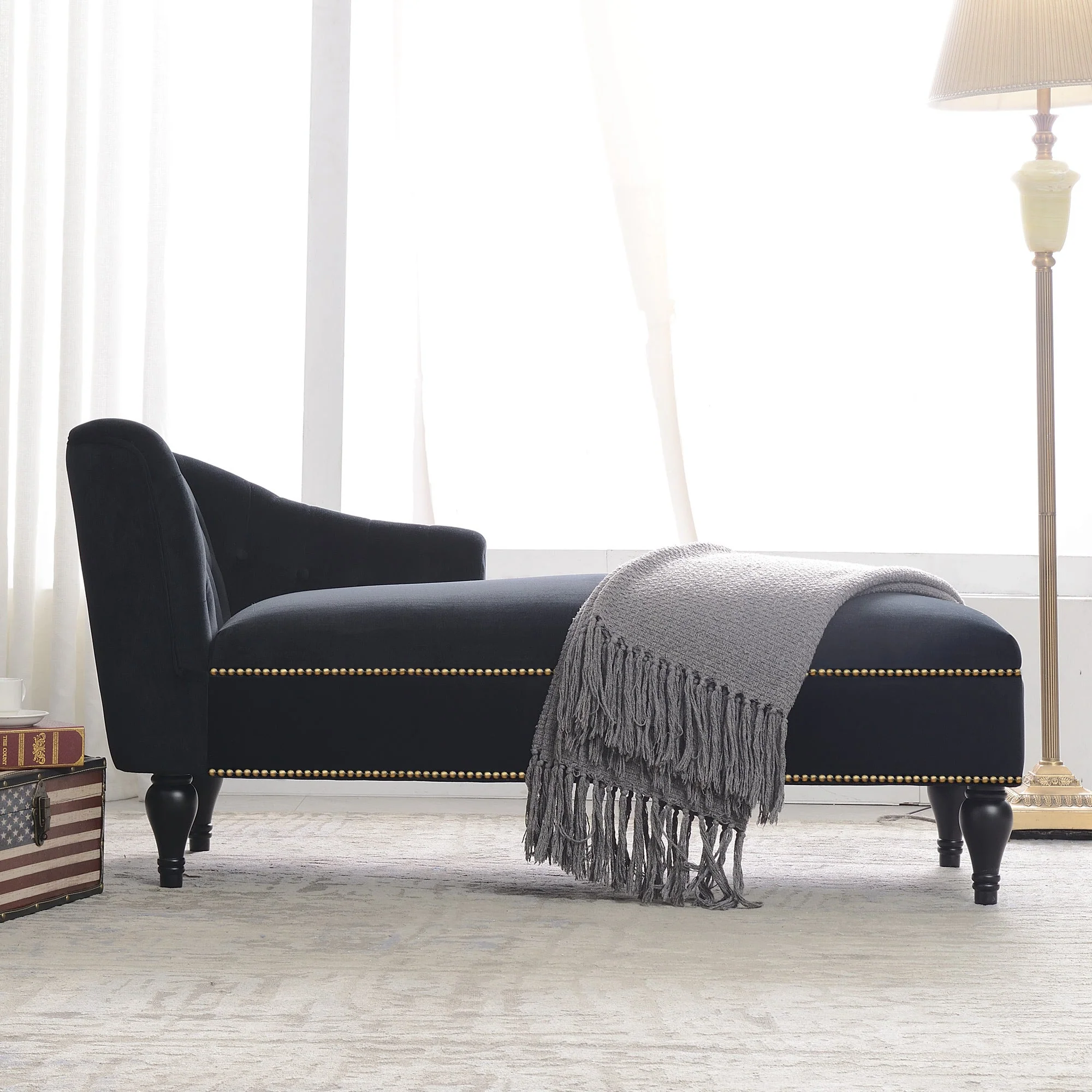 58" Velvet Chaise Lounge with Nailhead Trim and Solid Wood Legs - Image 3