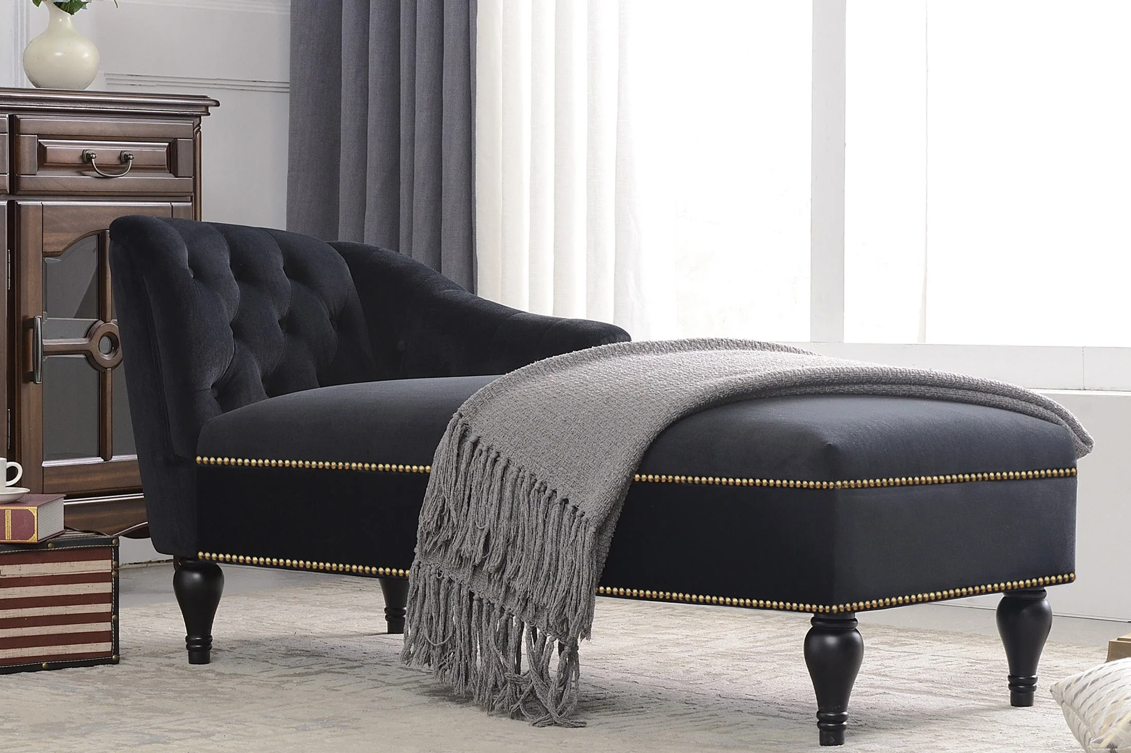 58" Velvet Chaise Lounge with Nailhead Trim and Solid Wood Legs - Image 31
