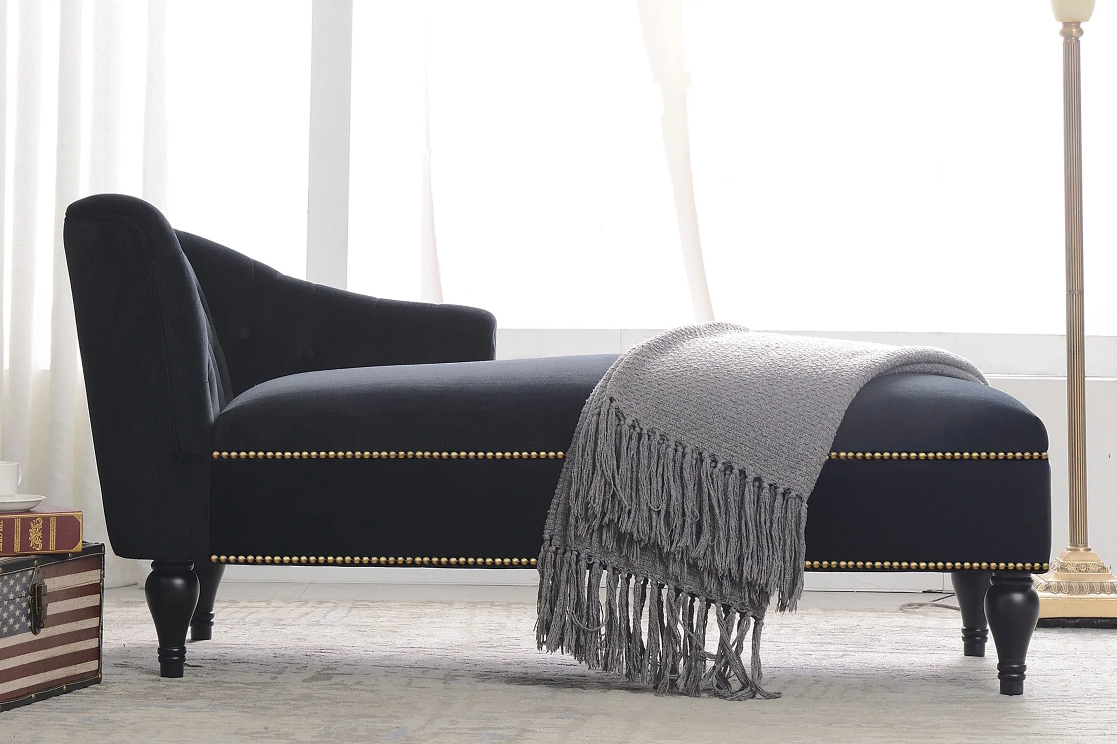 58" Velvet Chaise Lounge with Nailhead Trim and Solid Wood Legs - Image 32