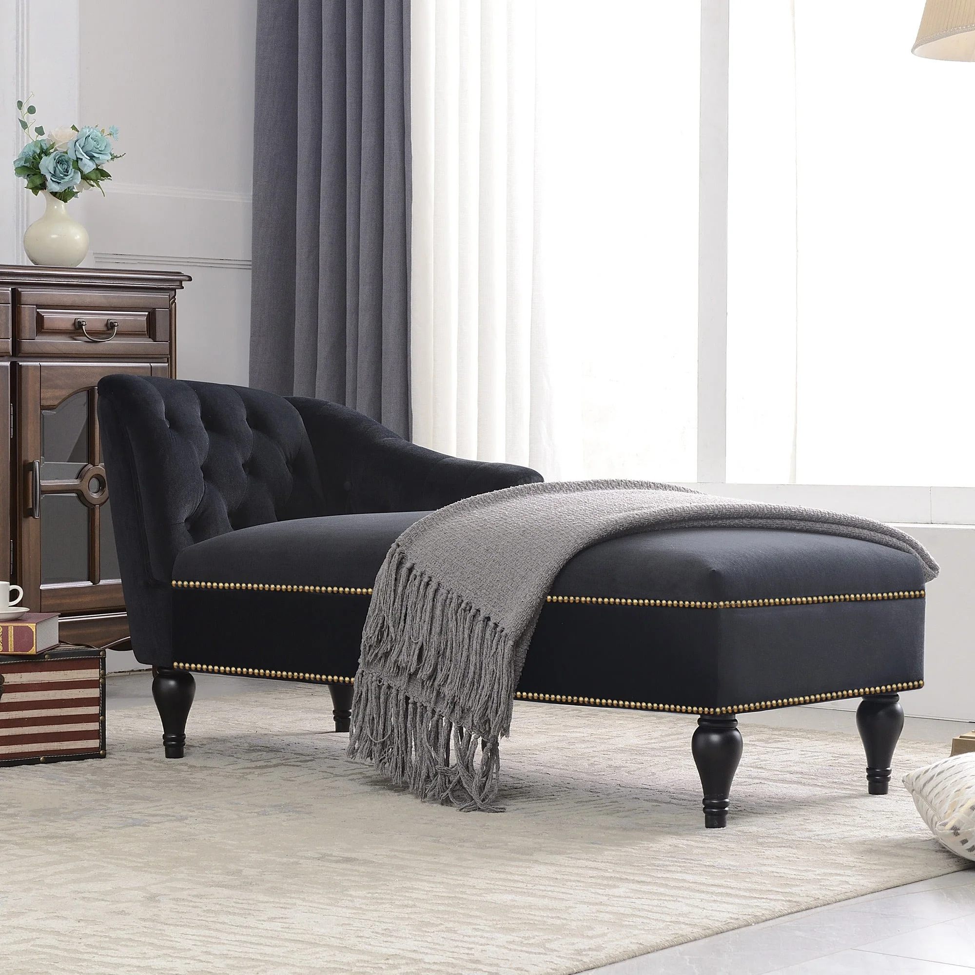 58" Velvet Chaise Lounge with Nailhead Trim and Solid Wood Legs - Image 4