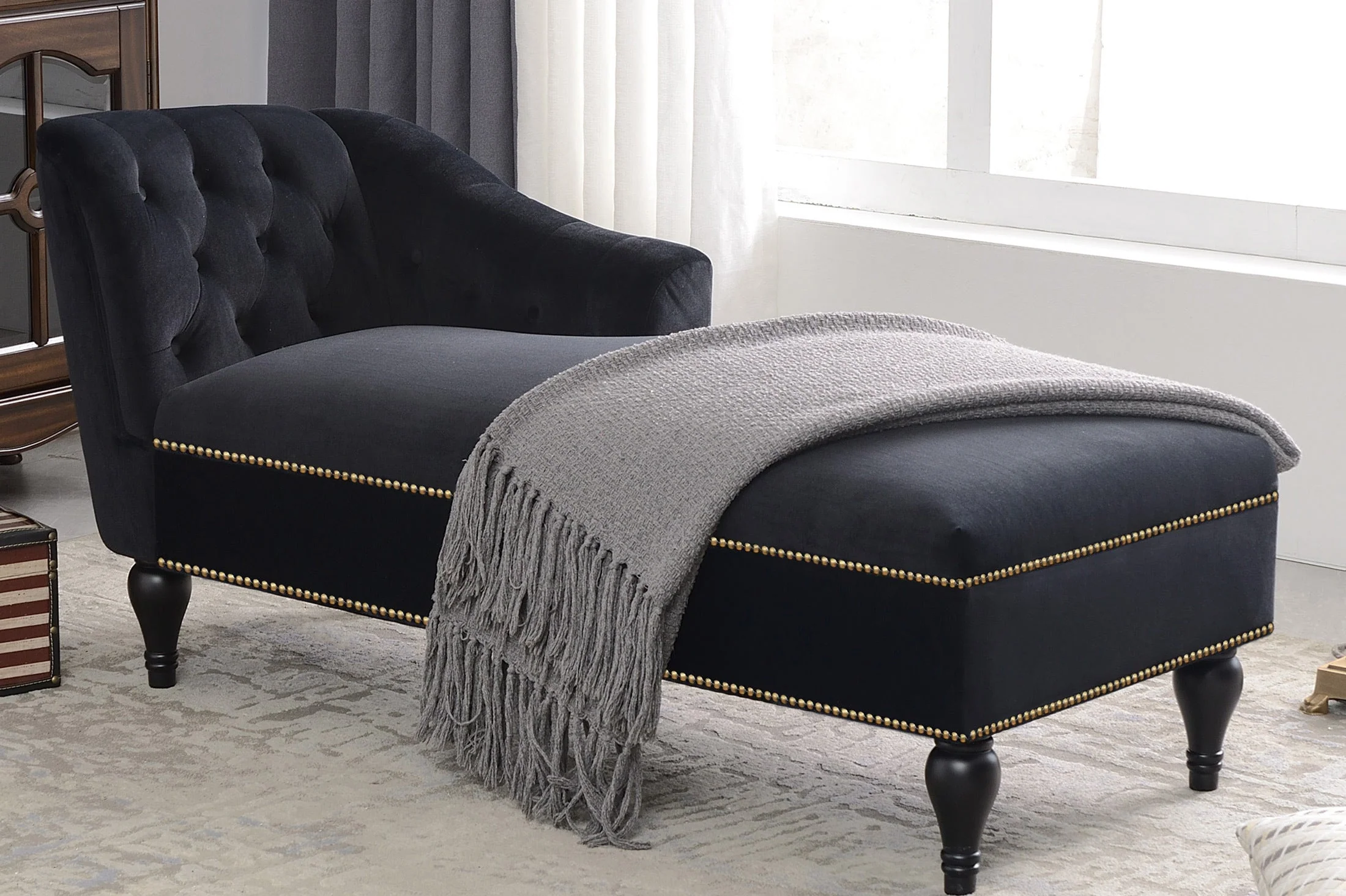 58" Velvet Chaise Lounge with Nailhead Trim and Solid Wood Legs - Image 5