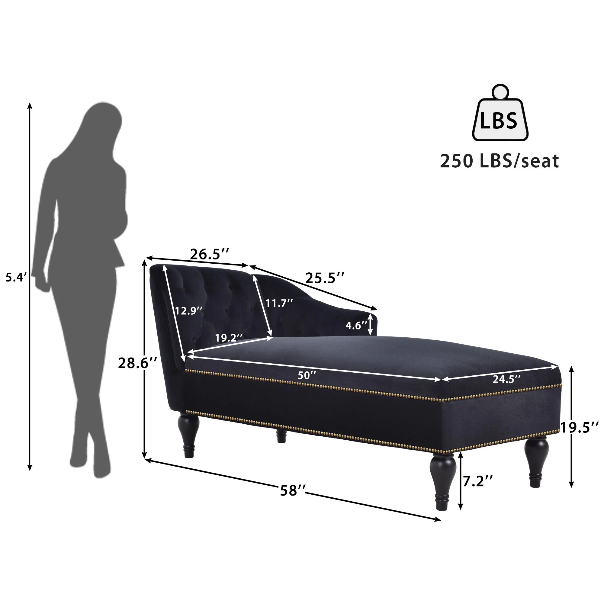 58" Velvet Chaise Lounge with Nailhead Trim and Solid Wood Legs - Image 6