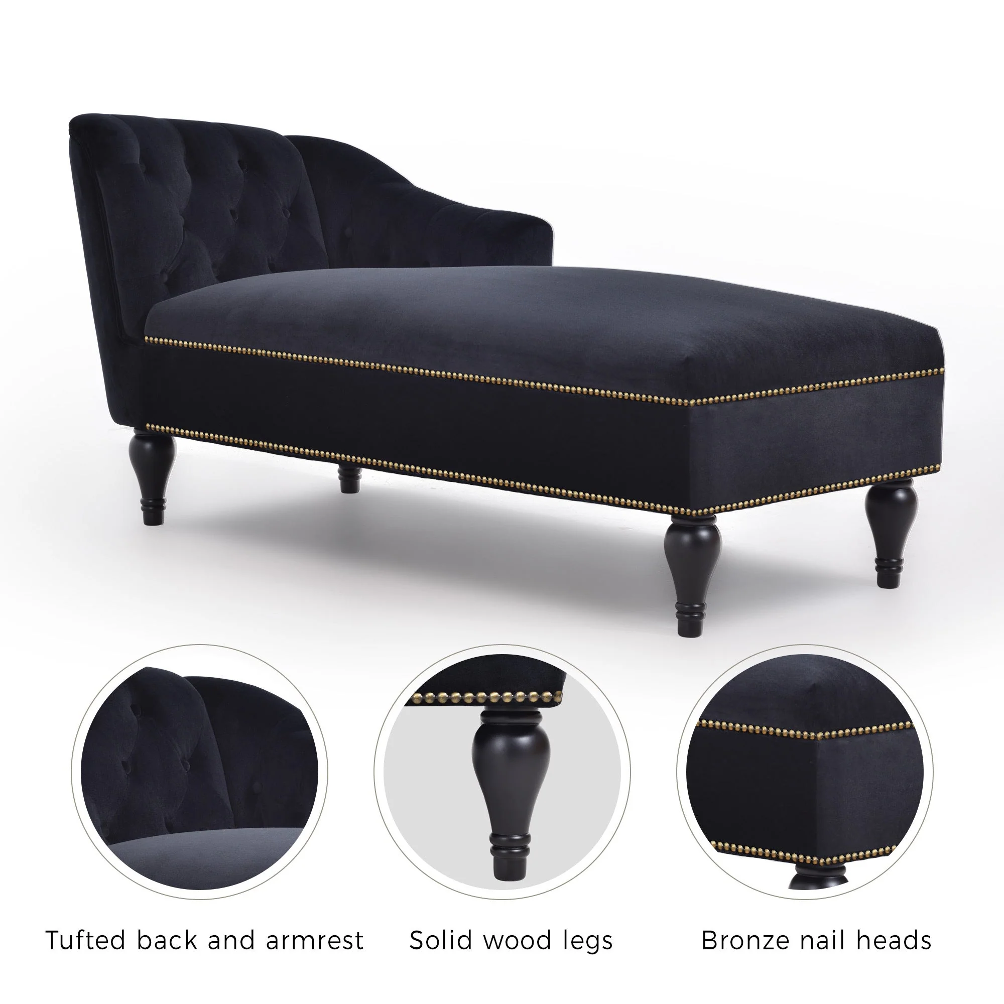 58" Velvet Chaise Lounge with Nailhead Trim and Solid Wood Legs - Image 7