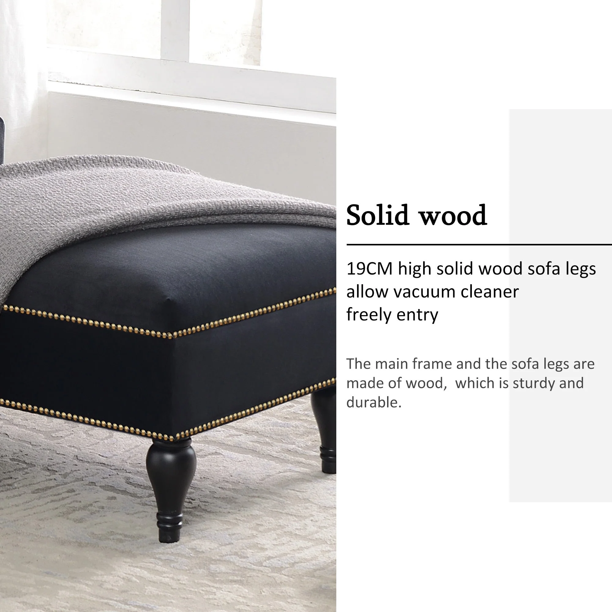58" Velvet Chaise Lounge with Nailhead Trim and Solid Wood Legs - Image 9