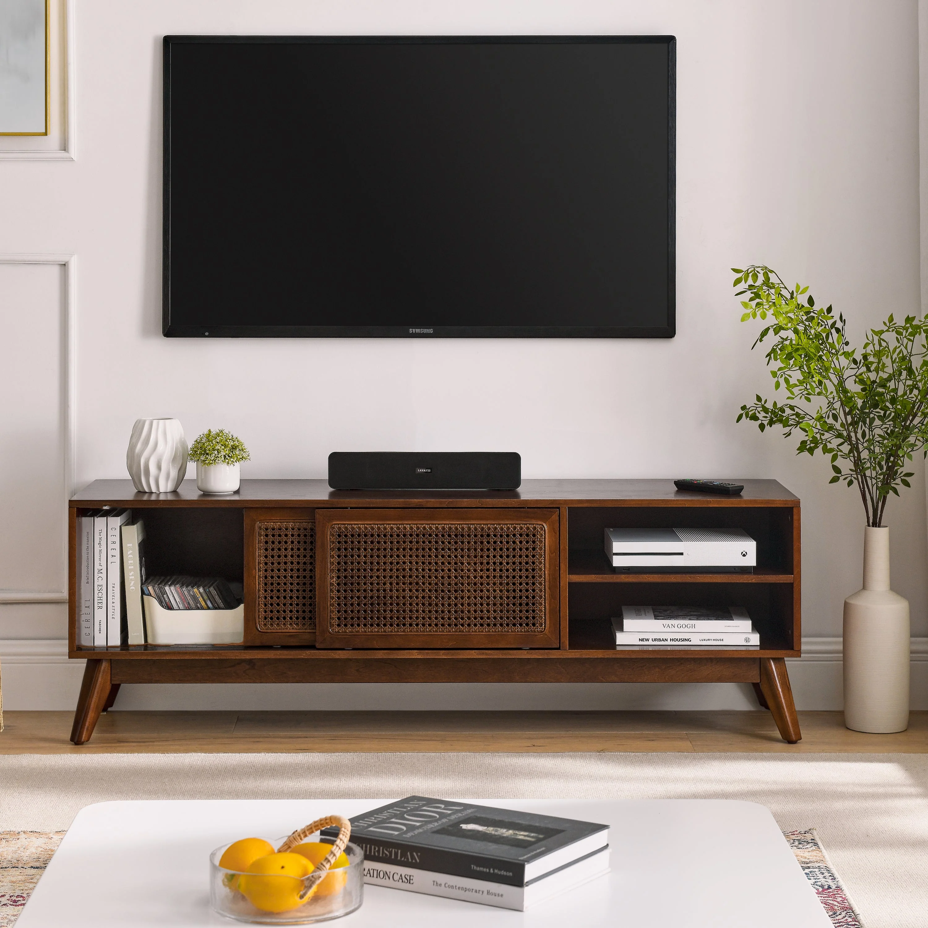 59 Inch Mid Century Modern Rattan TV Stand for 65 Inch TV - Image 2