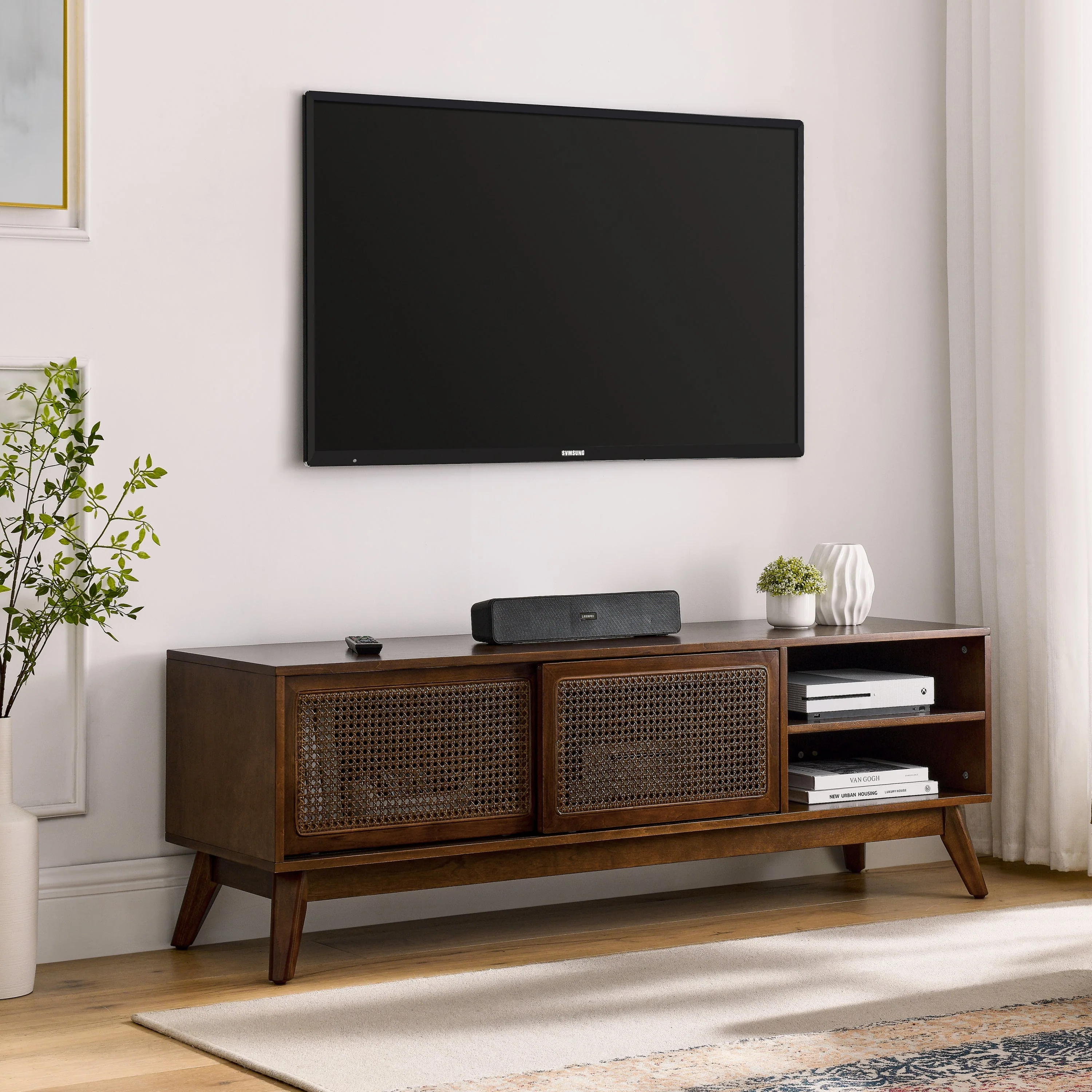 59 Inch Mid Century Modern Rattan TV Stand for 65 Inch TV - Image 3