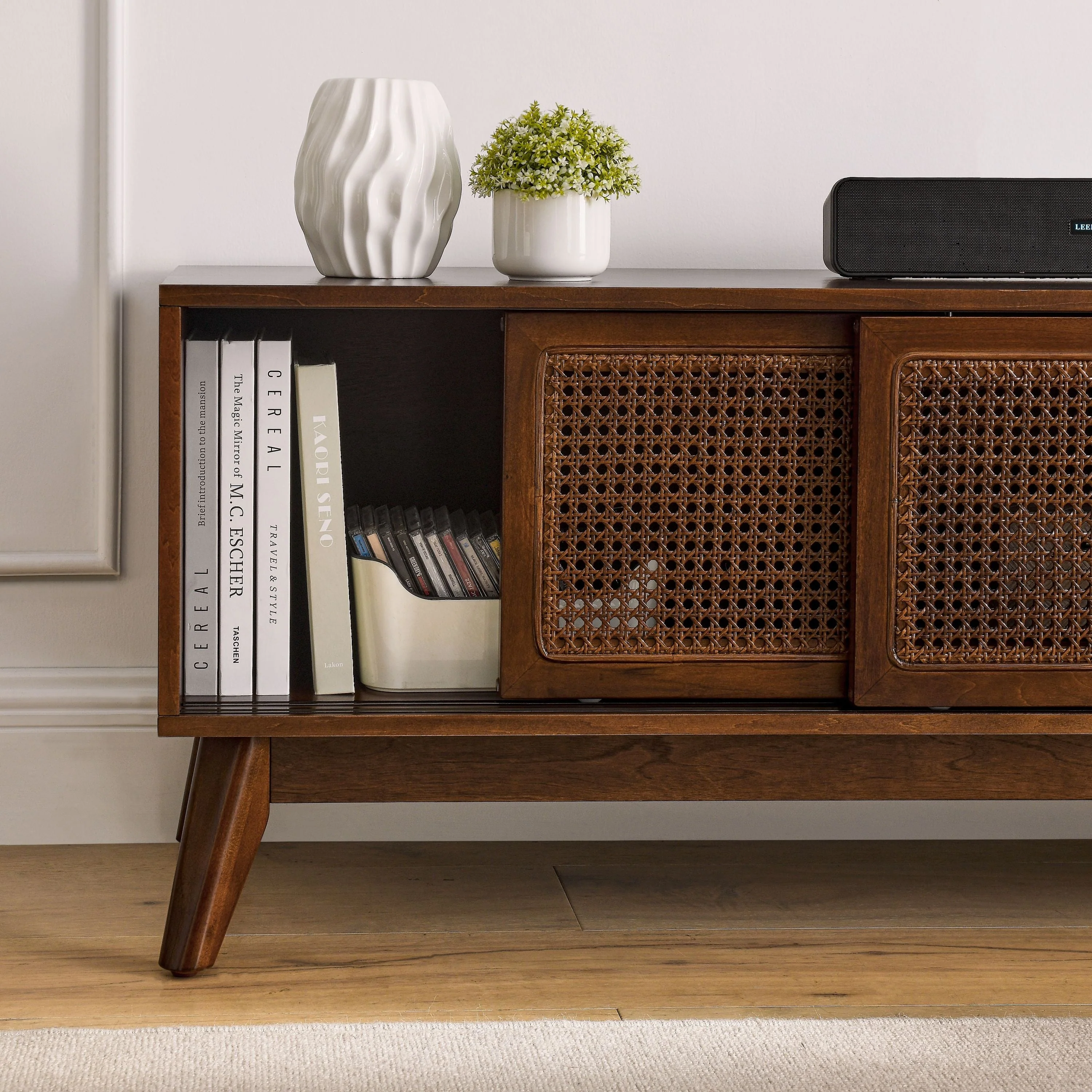 59 Inch Mid Century Modern Rattan TV Stand for 65 Inch TV - Image 4