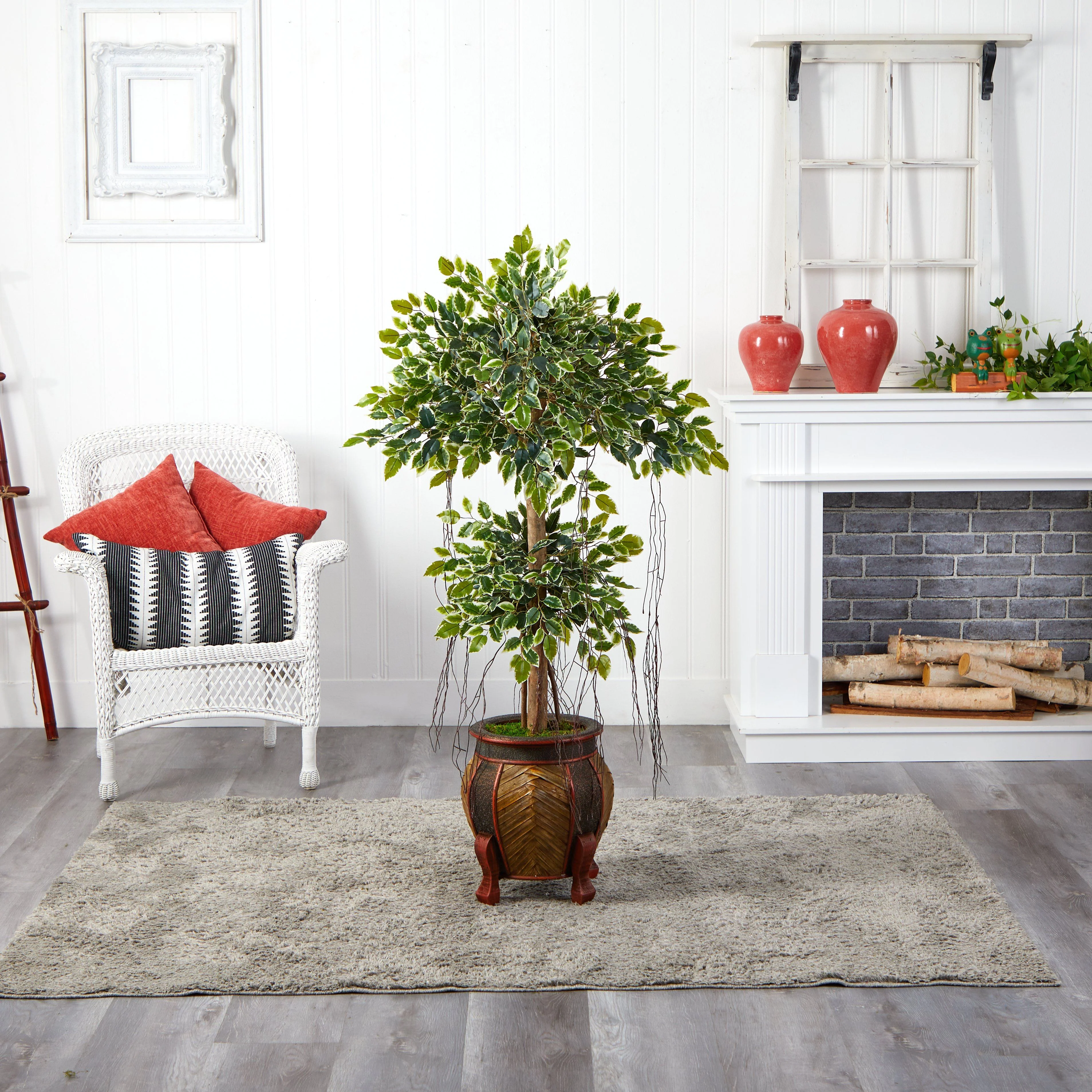 59” Variegated Ficus Artificial Tree in Decorative Planter - Image 2