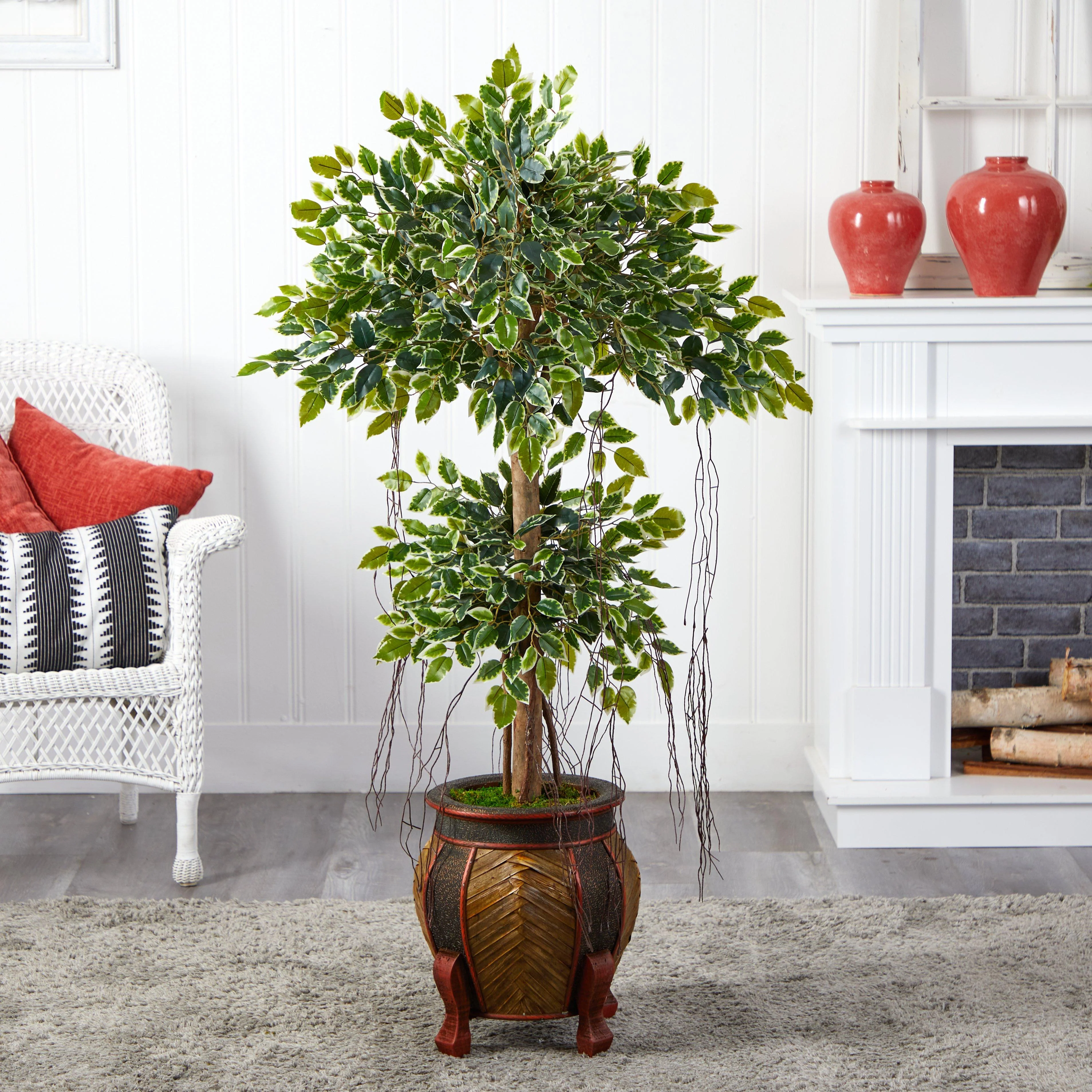 59” Variegated Ficus Artificial Tree in Decorative Planter - Image 3