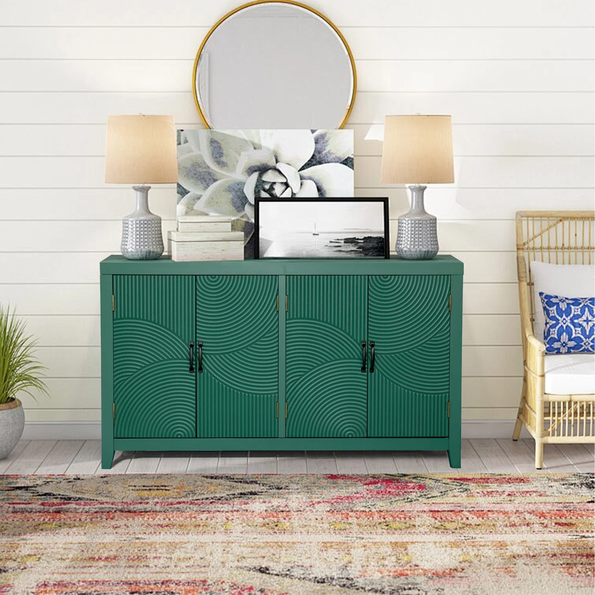 59in Green Accent Cabinet with 4 Doors Mid Century Modern Buffet - Image 2