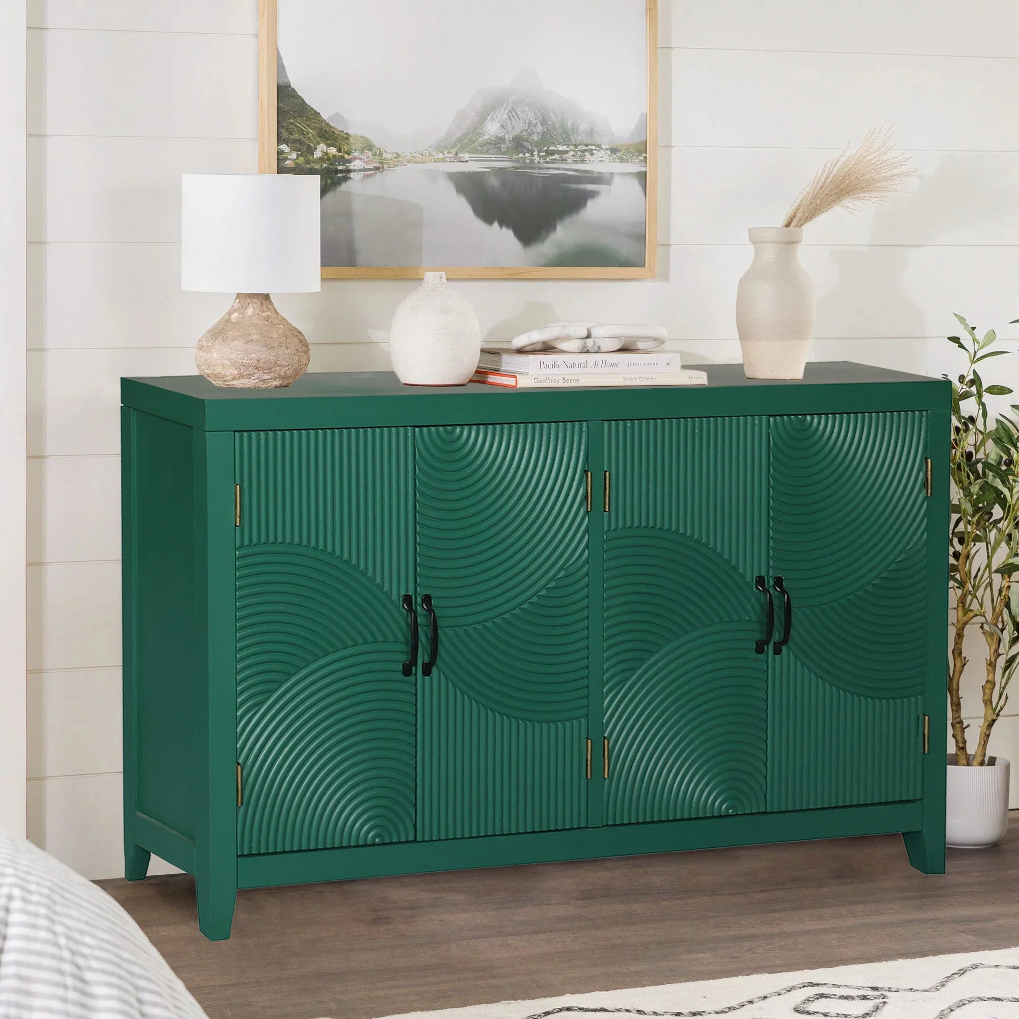 59in Green Accent Cabinet with 4 Doors Mid Century Modern Buffet - Image 3