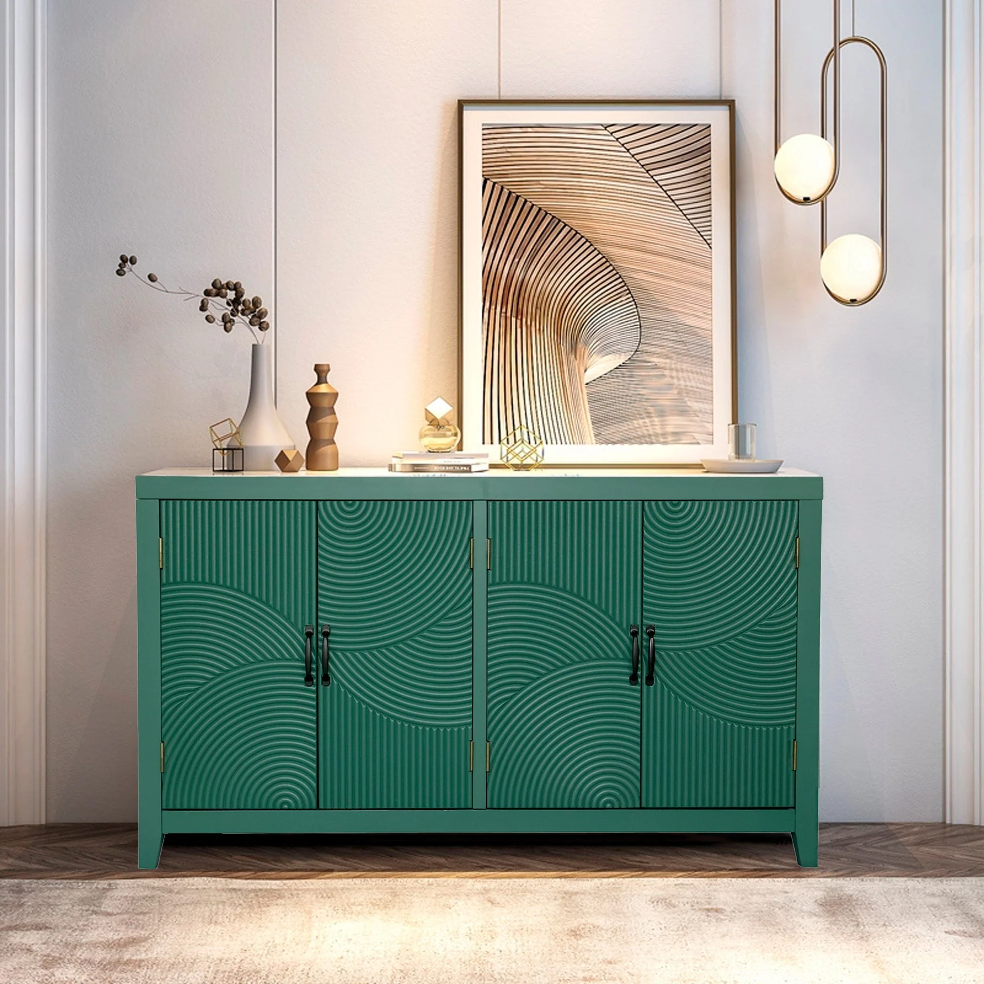 59in Green Accent Cabinet with 4 Doors Mid Century Modern Buffet - Image 4