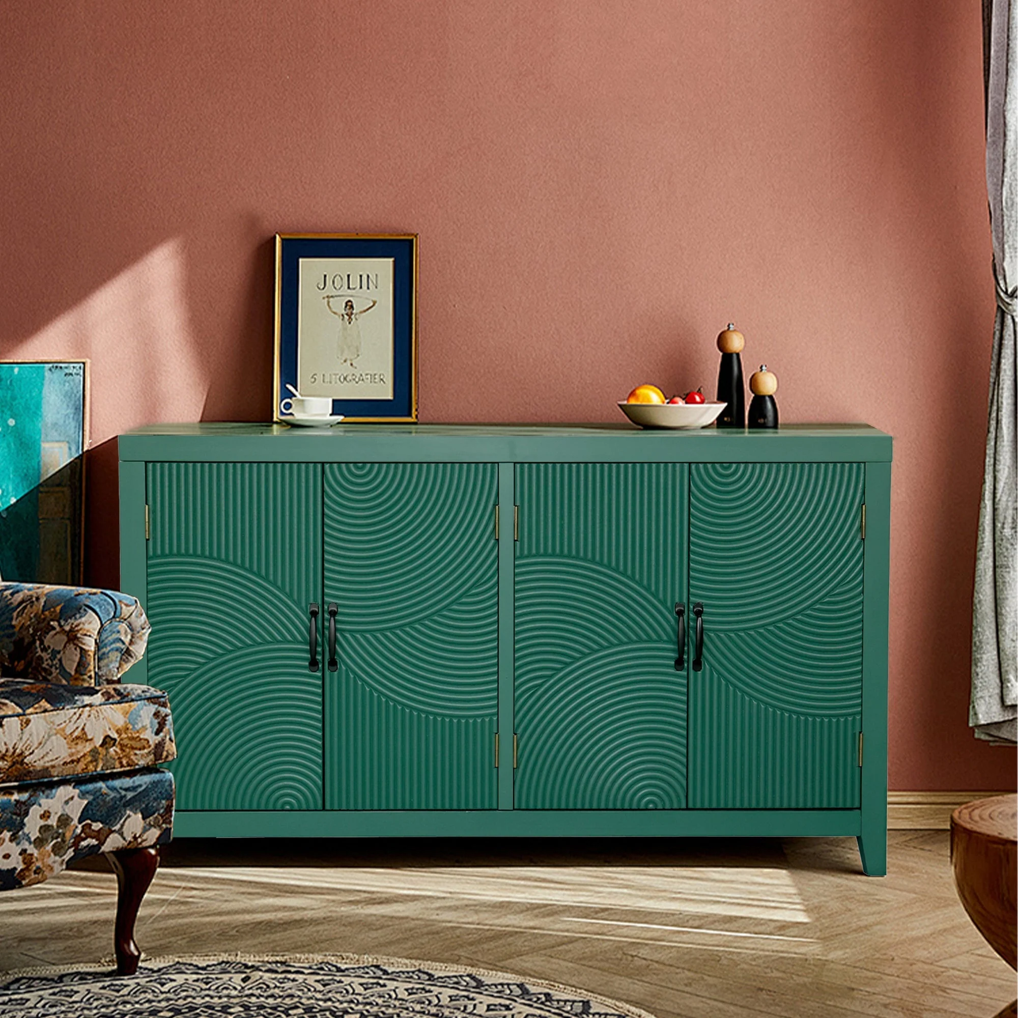 59in Green Accent Cabinet with 4 Doors Mid Century Modern Buffet - Image 5