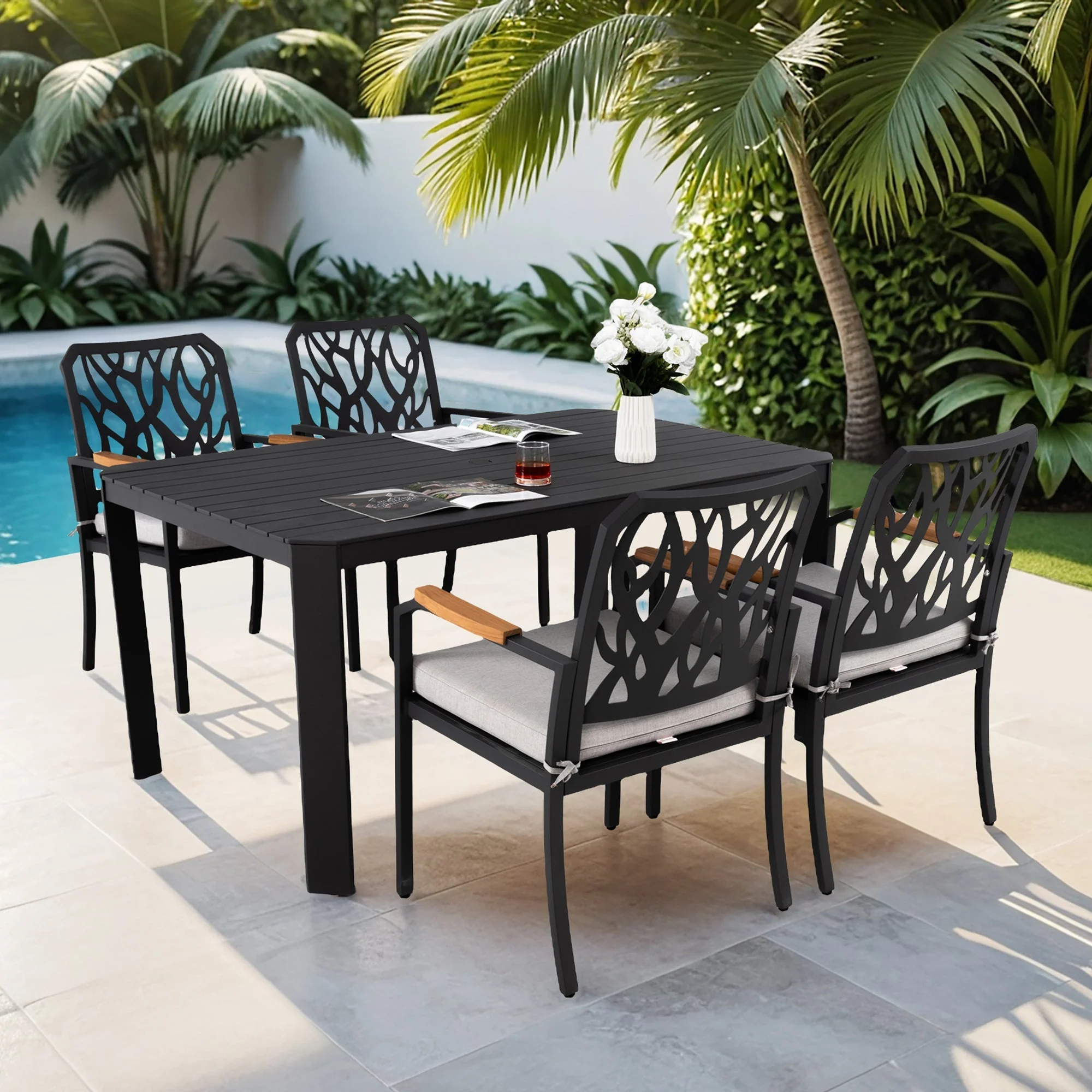 5PC Outdoor Patio Aluminum Dining Set with Cushions - Bourbon Brown - Image 2