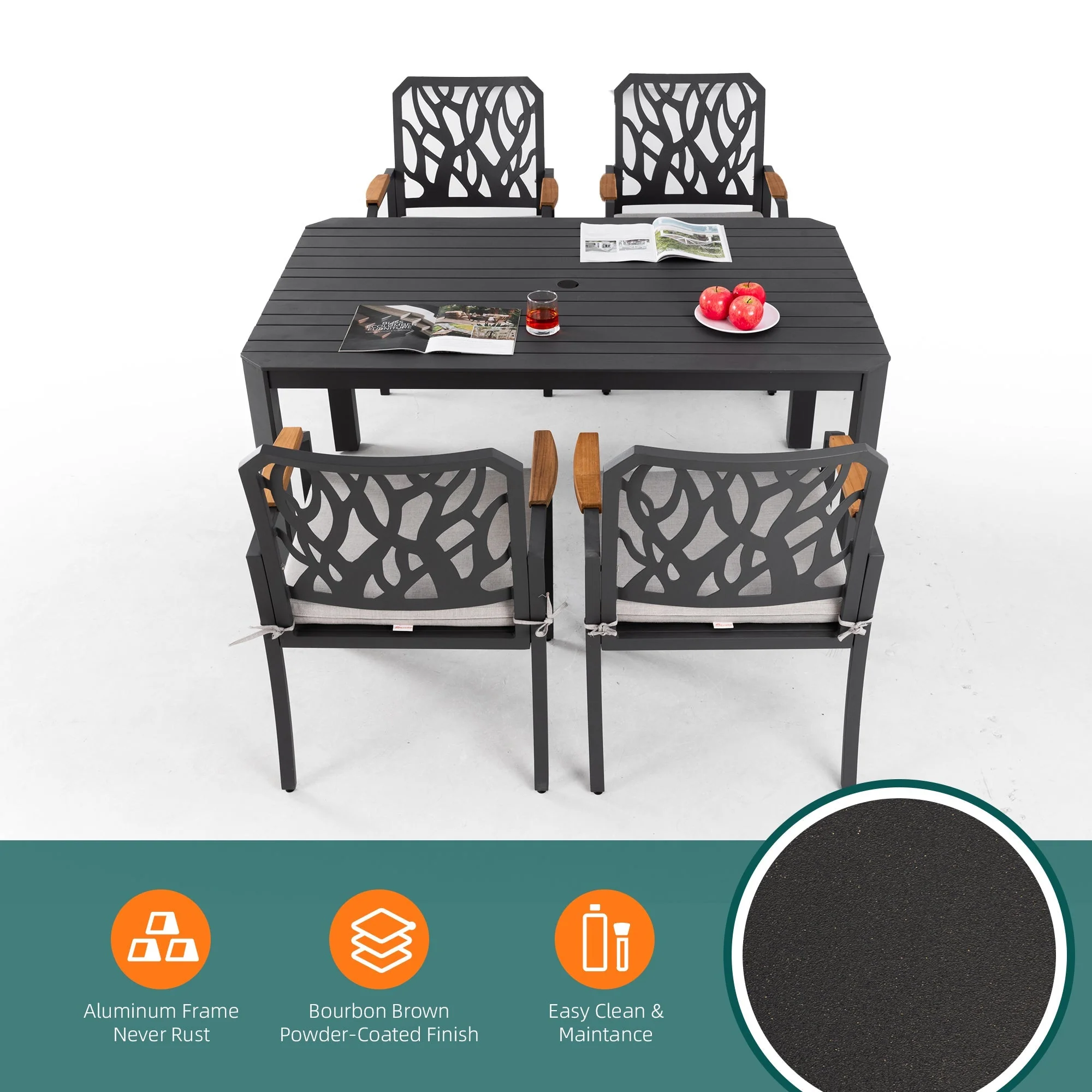 5PC Outdoor Patio Aluminum Dining Set with Cushions - Bourbon Brown - Image 4
