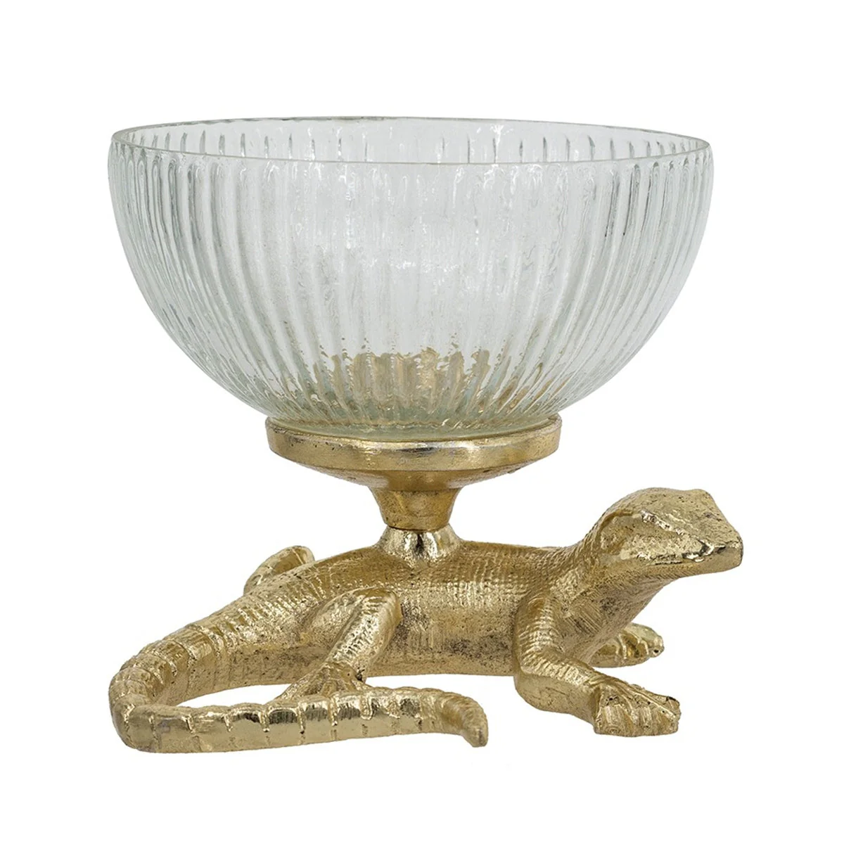 5x5x4.5' Gold Lizard Pedestal Bowl with Ribbed Glass Dish - Image 2