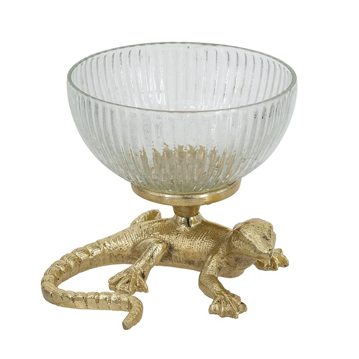 5x5x4.5' Gold Lizard Pedestal Bowl with Ribbed Glass Dish - Image 3