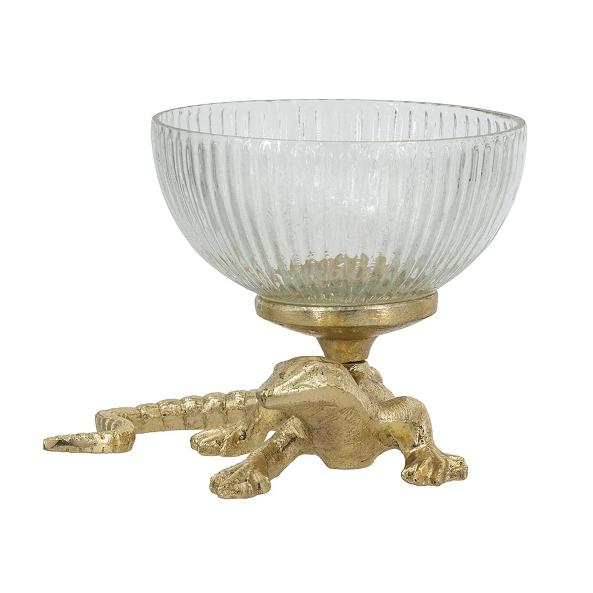 5x5x4.5' Gold Lizard Pedestal Bowl with Ribbed Glass Dish - Image 4