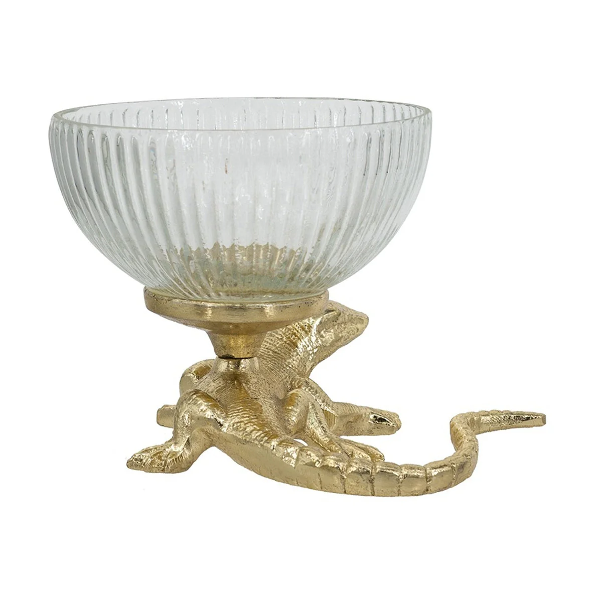 5x5x4.5' Gold Lizard Pedestal Bowl with Ribbed Glass Dish - Image 6