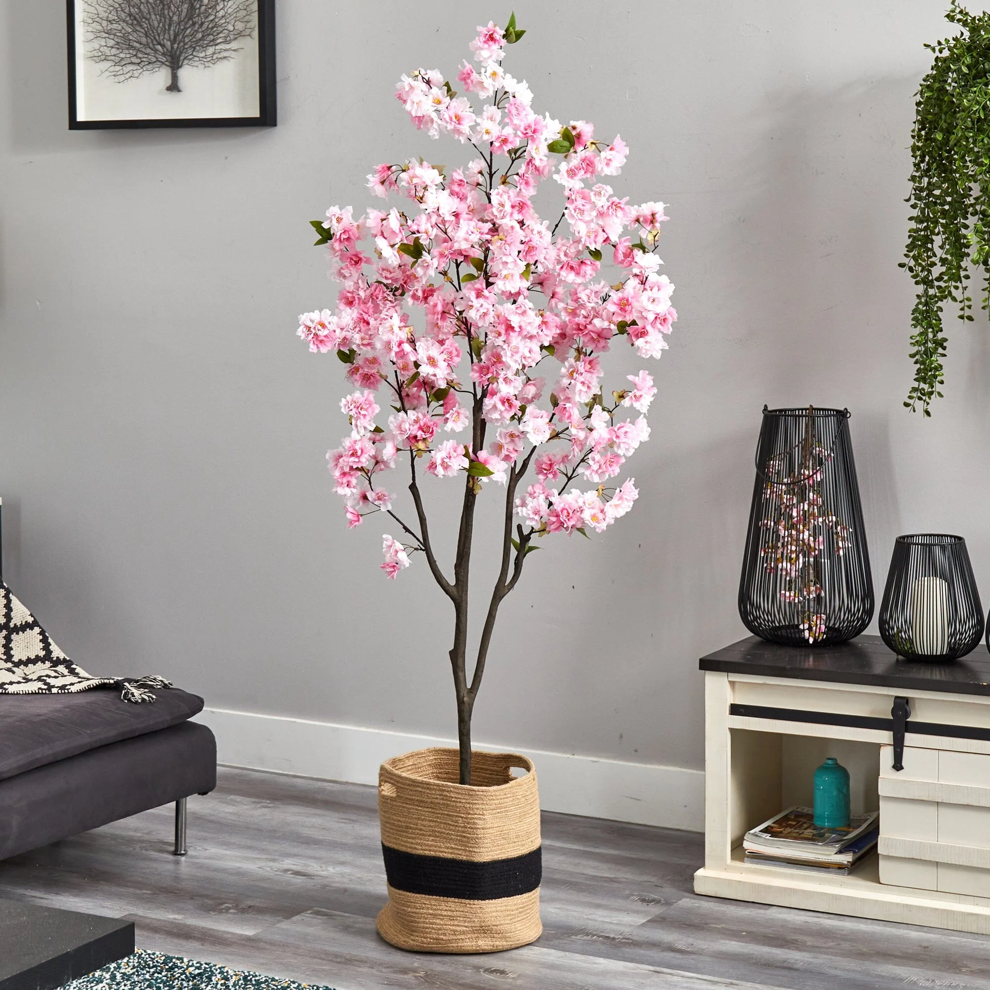6’ Artificial Cherry Blossom Tree with Handmade Jute & Cotton Basket - Image 2