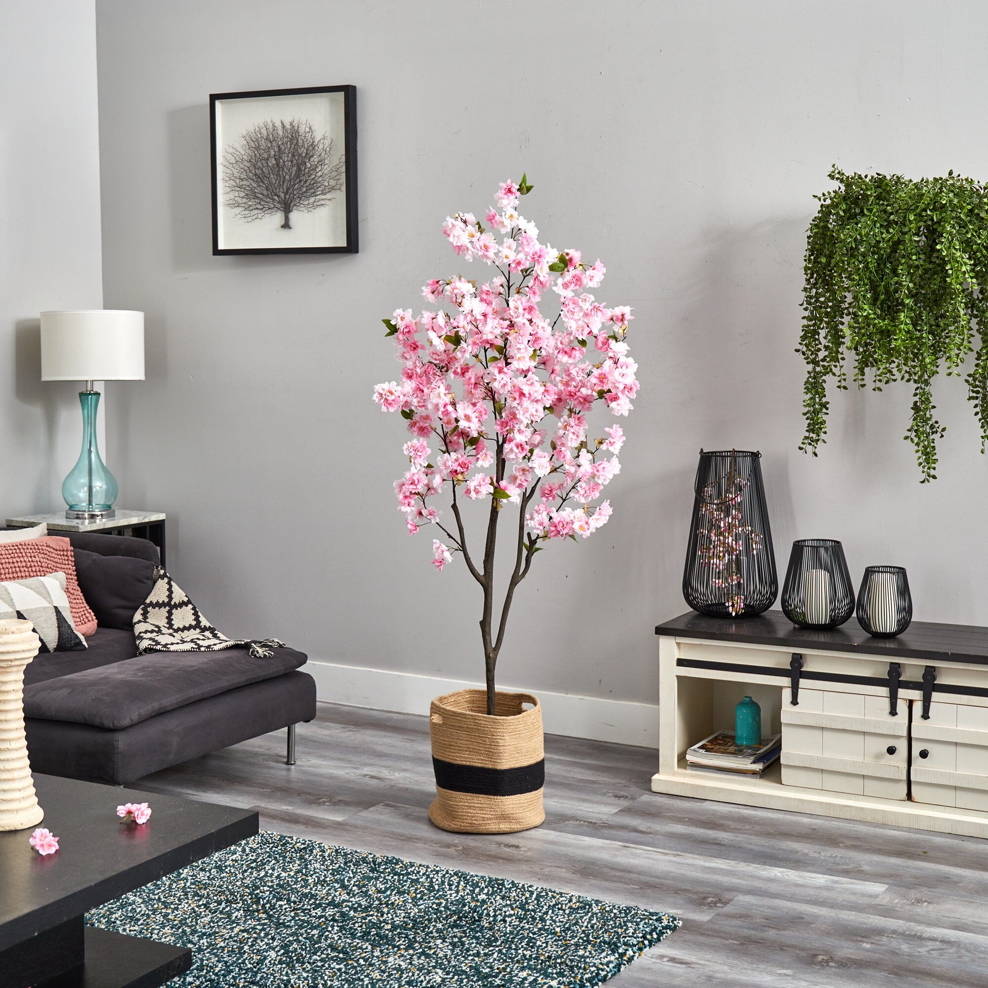 6’ Artificial Cherry Blossom Tree with Handmade Jute & Cotton Basket - Image 4