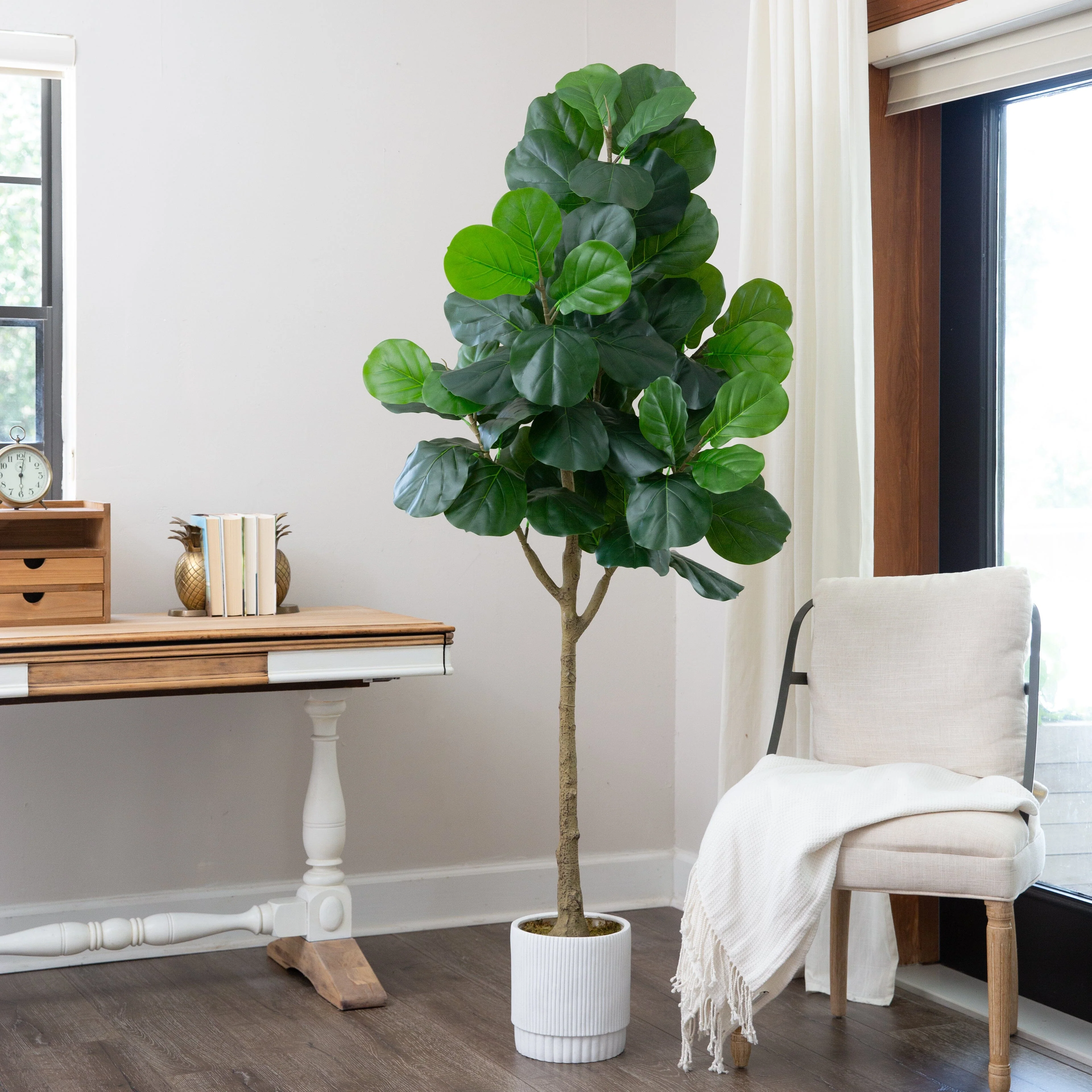 6’ Artificial Fiddle Leaf Fig Tree with White Decorative Planter - Image 3