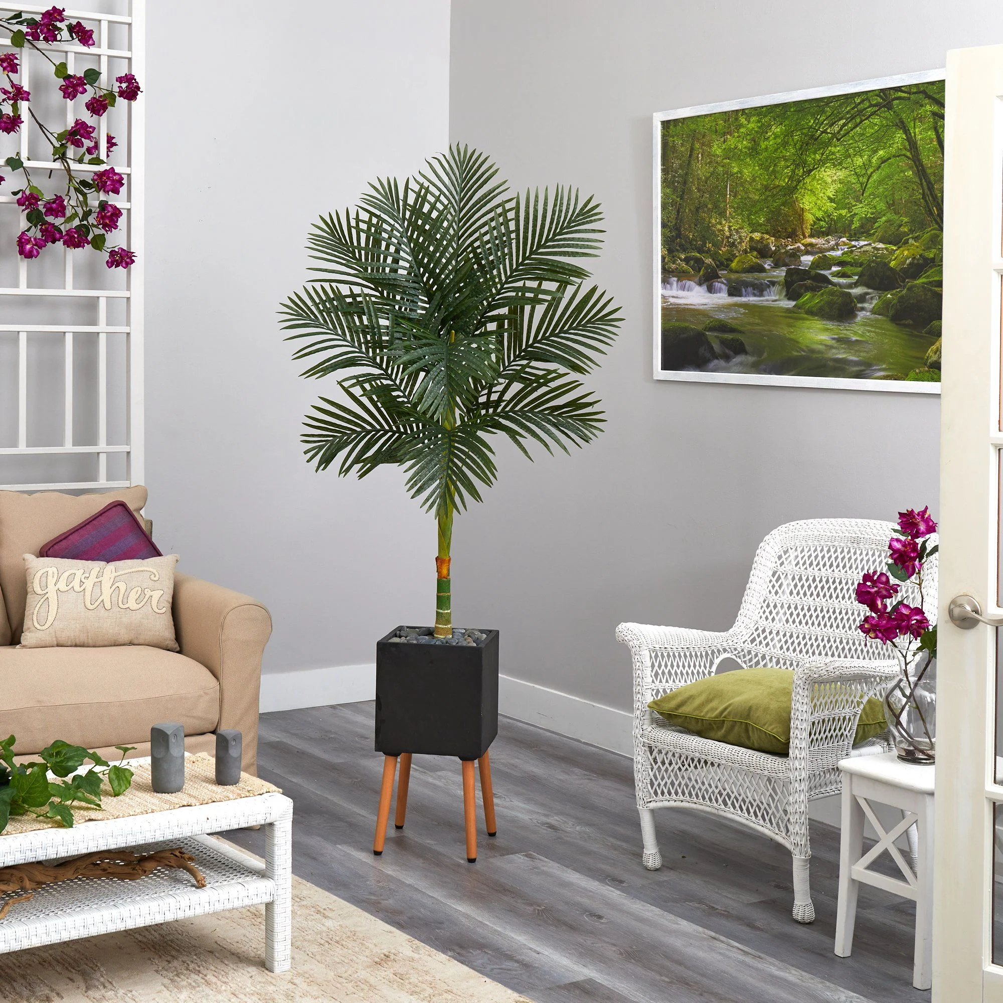 6’ Artificial Golden Cane Palm Tree in Black Planter with Stand - Image 3