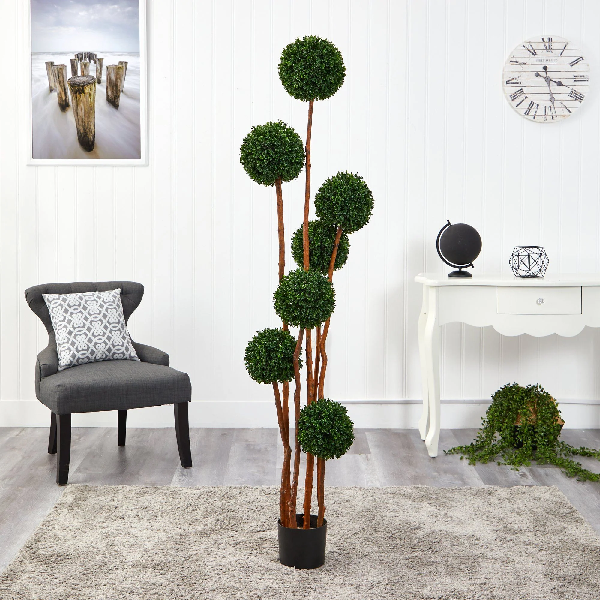 6’ Boxwood Ball Topiary Artificial Tree with Natural Trunk UV Resistant (Indoor/Outdoor) - Image 3