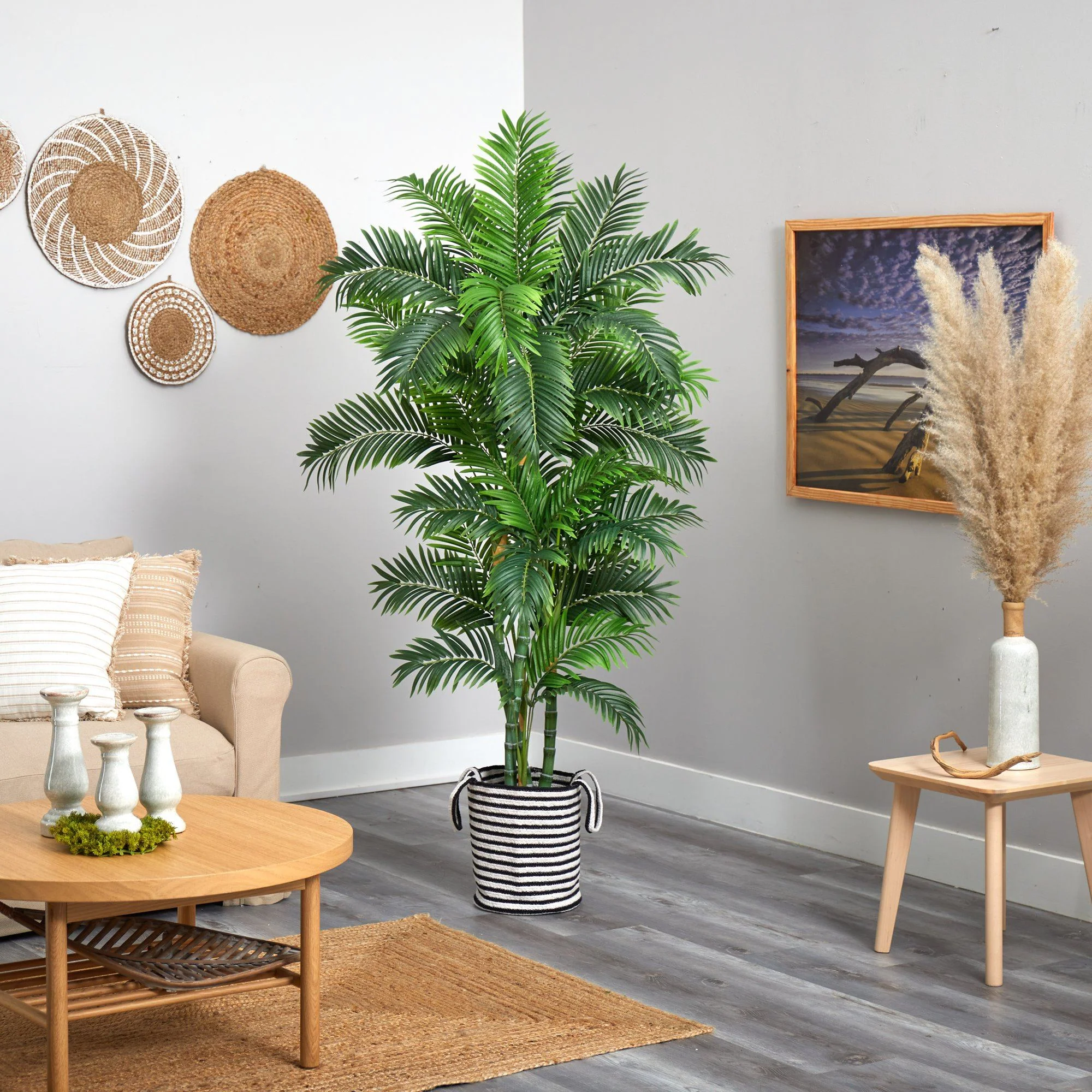 6’ Curvy Parlor Artificial Palm Tree in Handmade Black and White Natural Jute and Cotton Planter - Image 4