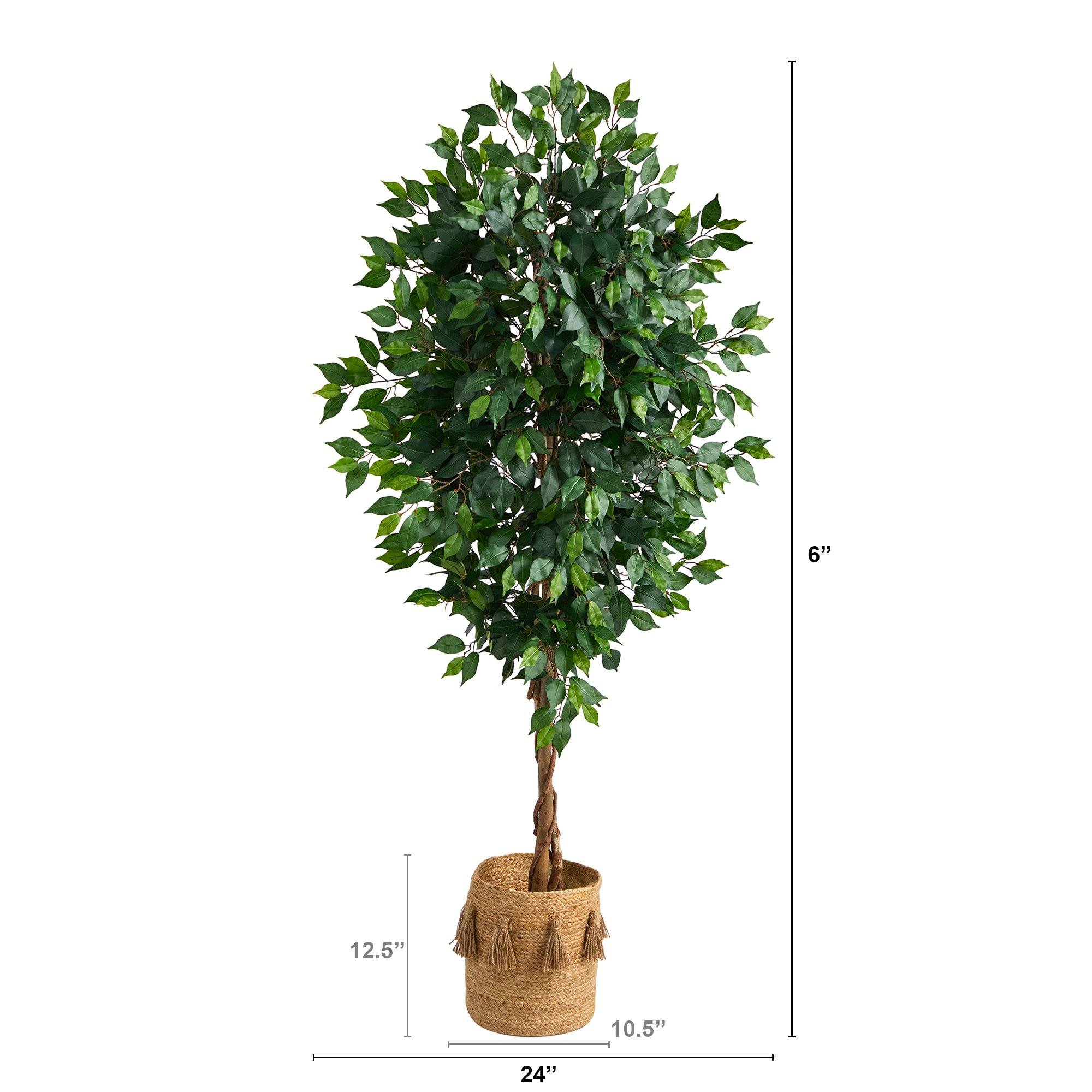 6’ Ficus Artificial Tree with Natural Trunk in Handmade Natural Jute Planter with Tassels - Image 2