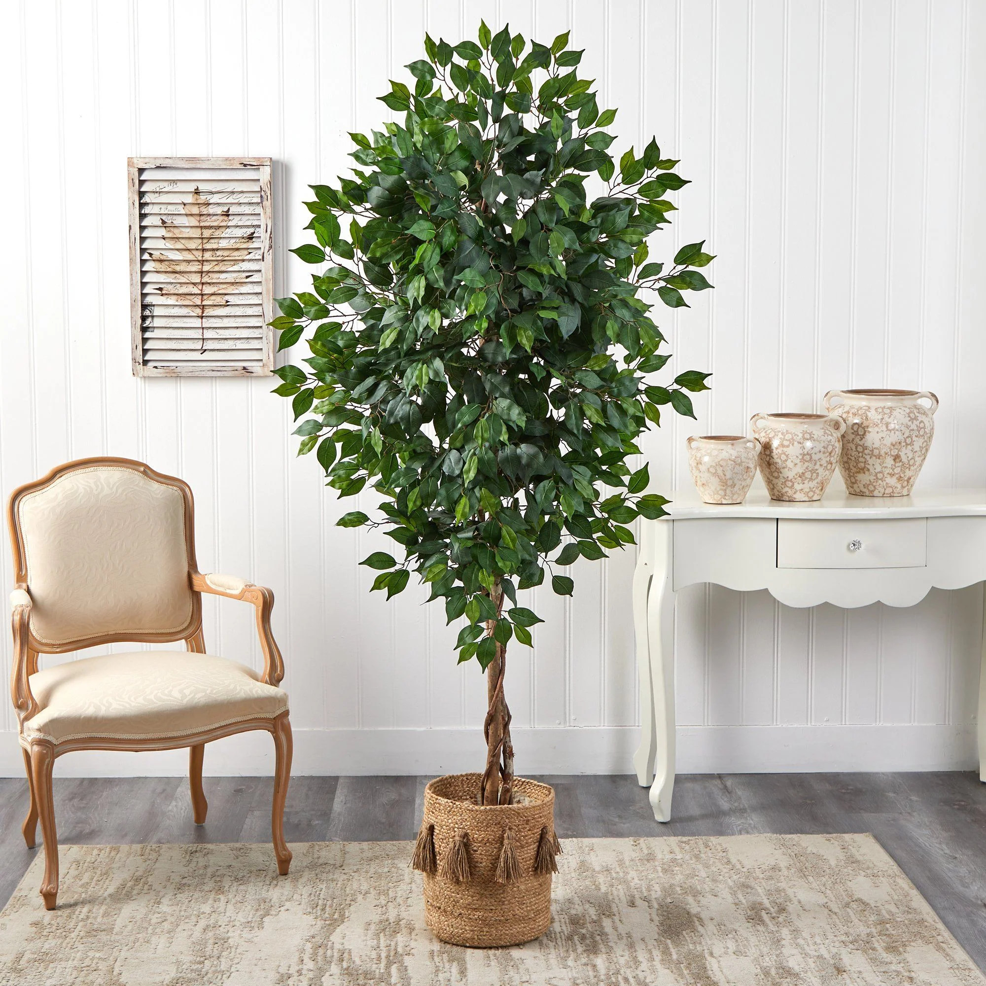 6’ Ficus Artificial Tree with Natural Trunk in Handmade Natural Jute Planter with Tassels - Image 3