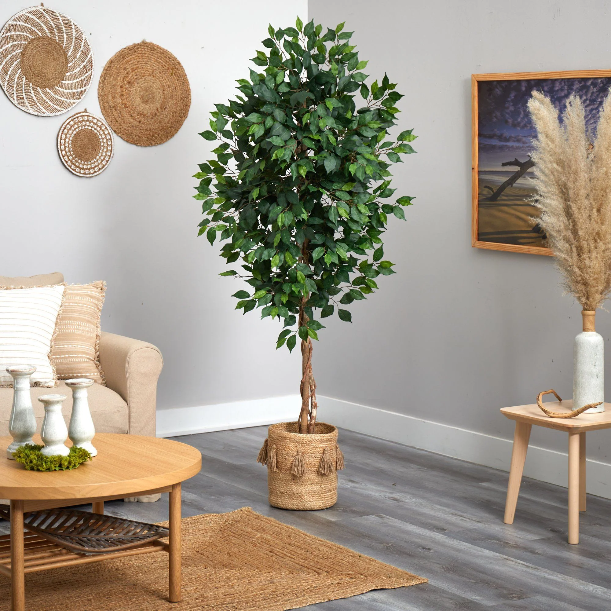 6’ Ficus Artificial Tree with Natural Trunk in Handmade Natural Jute Planter with Tassels - Image 4