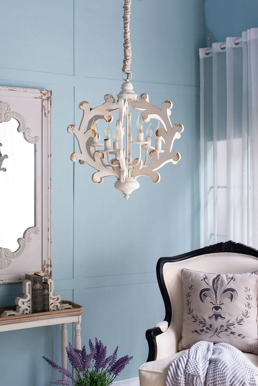 6 Light White Wood and Iron Chandelier with Adjustable Chain - Image 2
