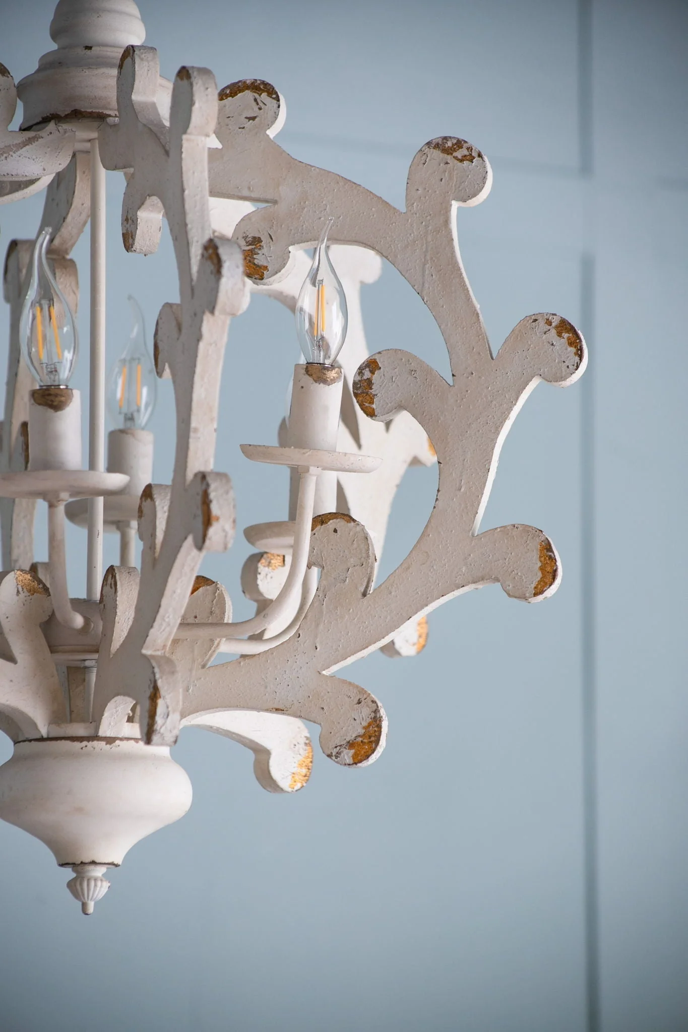 6 Light White Wood and Iron Chandelier with Adjustable Chain - Image 3