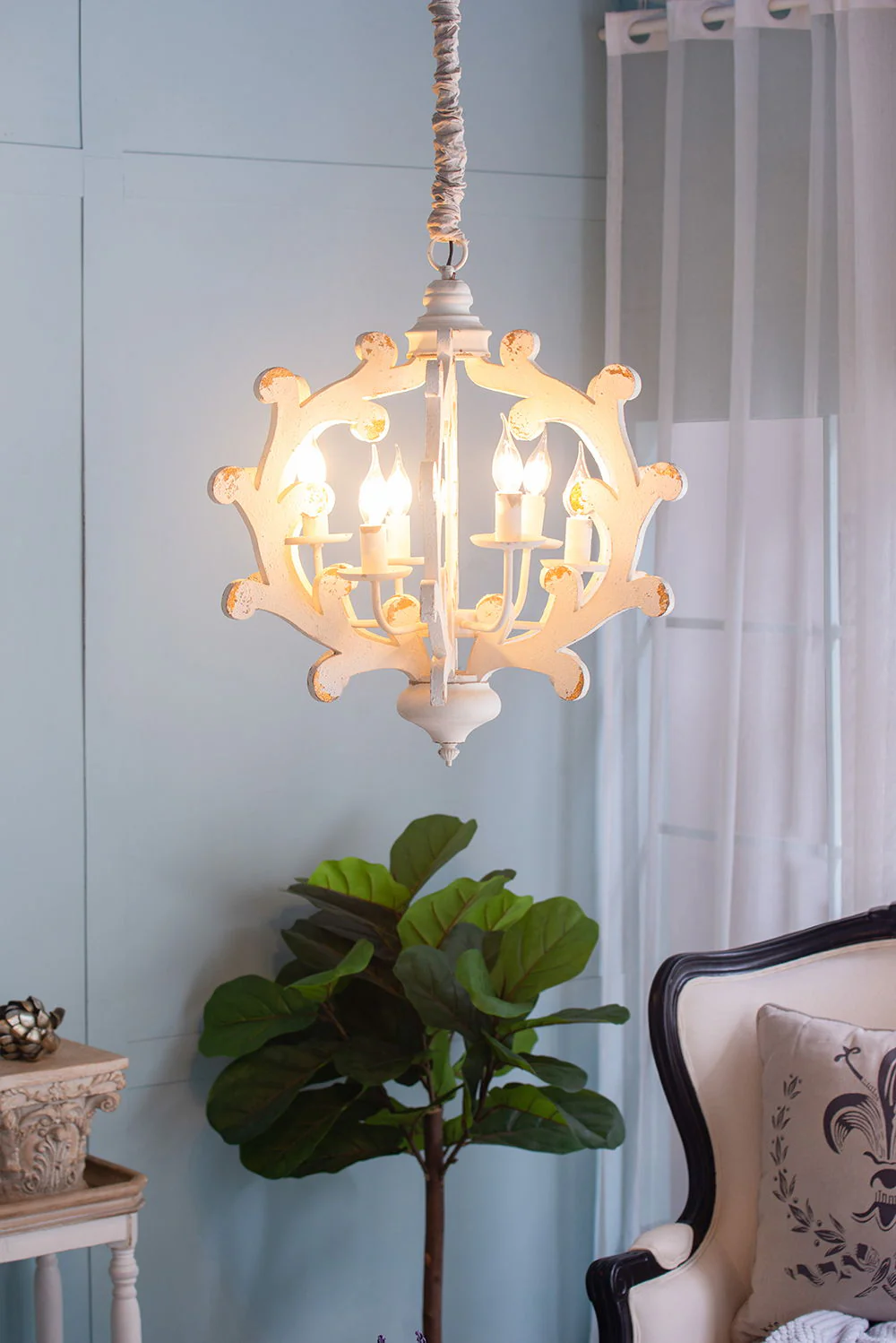 6 Light White Wood and Iron Chandelier with Adjustable Chain - Image 4