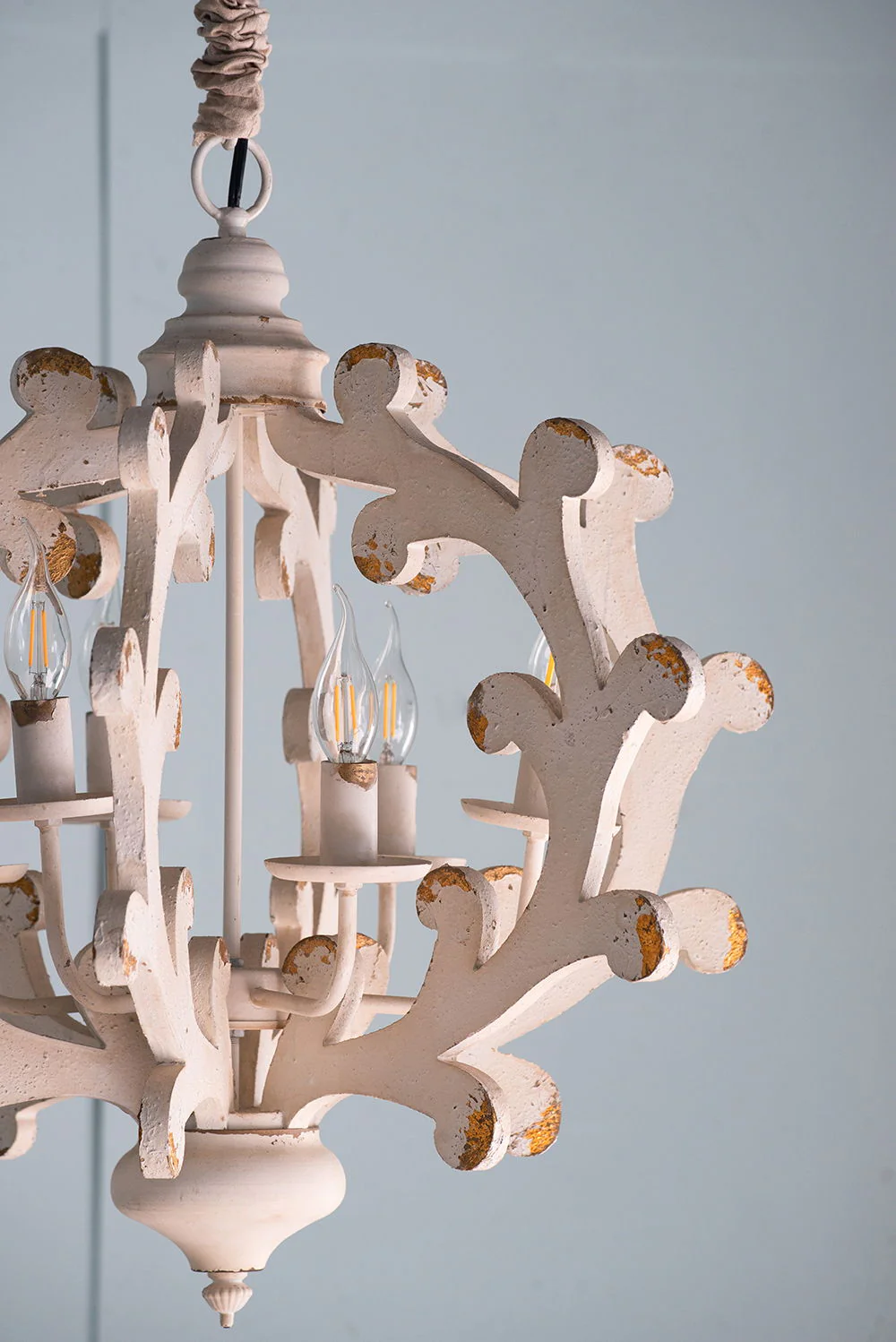 6 Light White Wood and Iron Chandelier with Adjustable Chain - Image 5