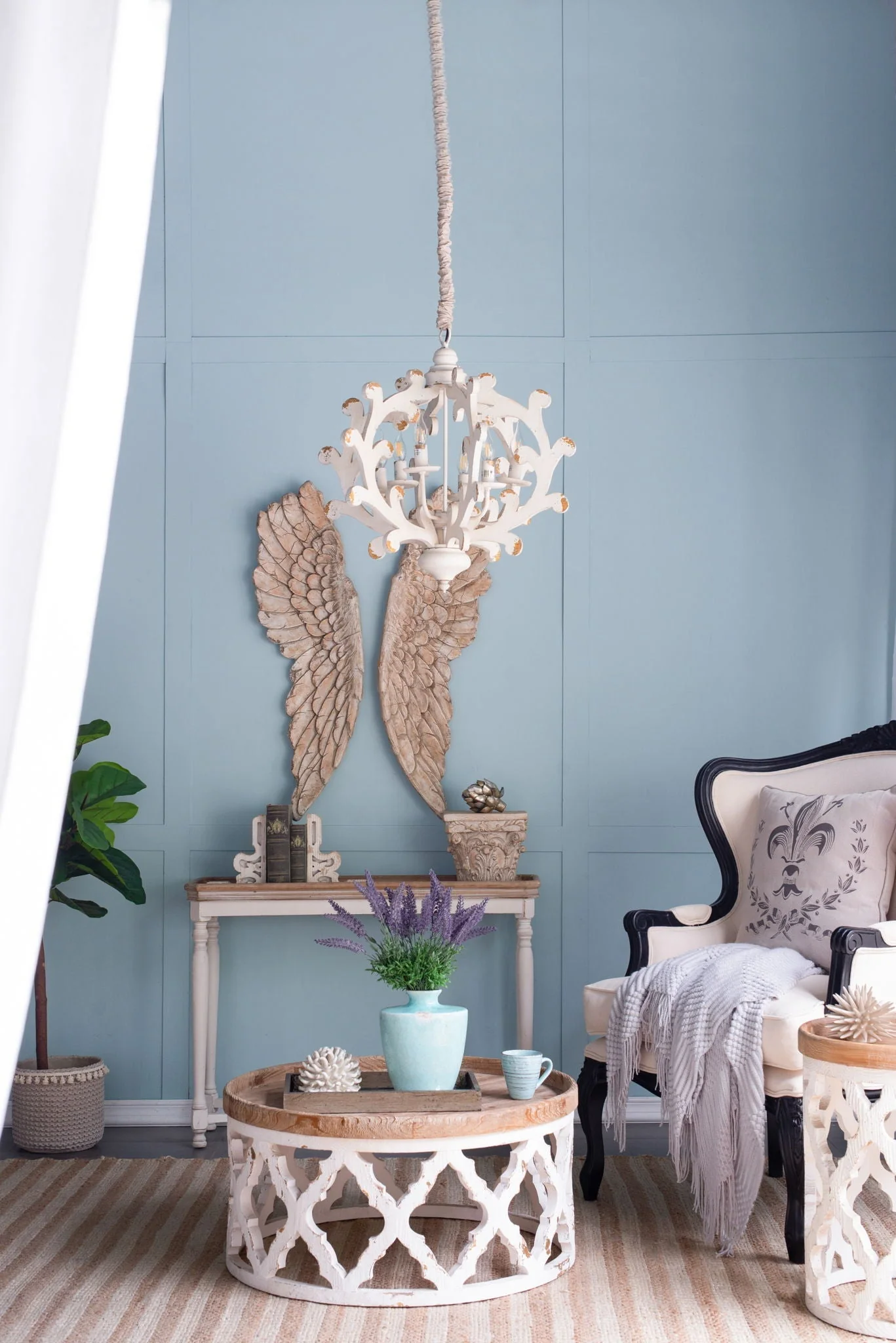 6 Light White Wood and Iron Chandelier with Adjustable Chain - Image 6